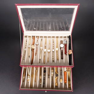 Watch Lot Stored In A Prestige Watch Display Box: Wristwatch Watches Lot Stored In A Prestige Watch Display Box Timex Anne Klein Caravelle Vivani Fossil Bill Blass Omega And Others In Overall Good Condition Please look at Photos Closely Out of a New