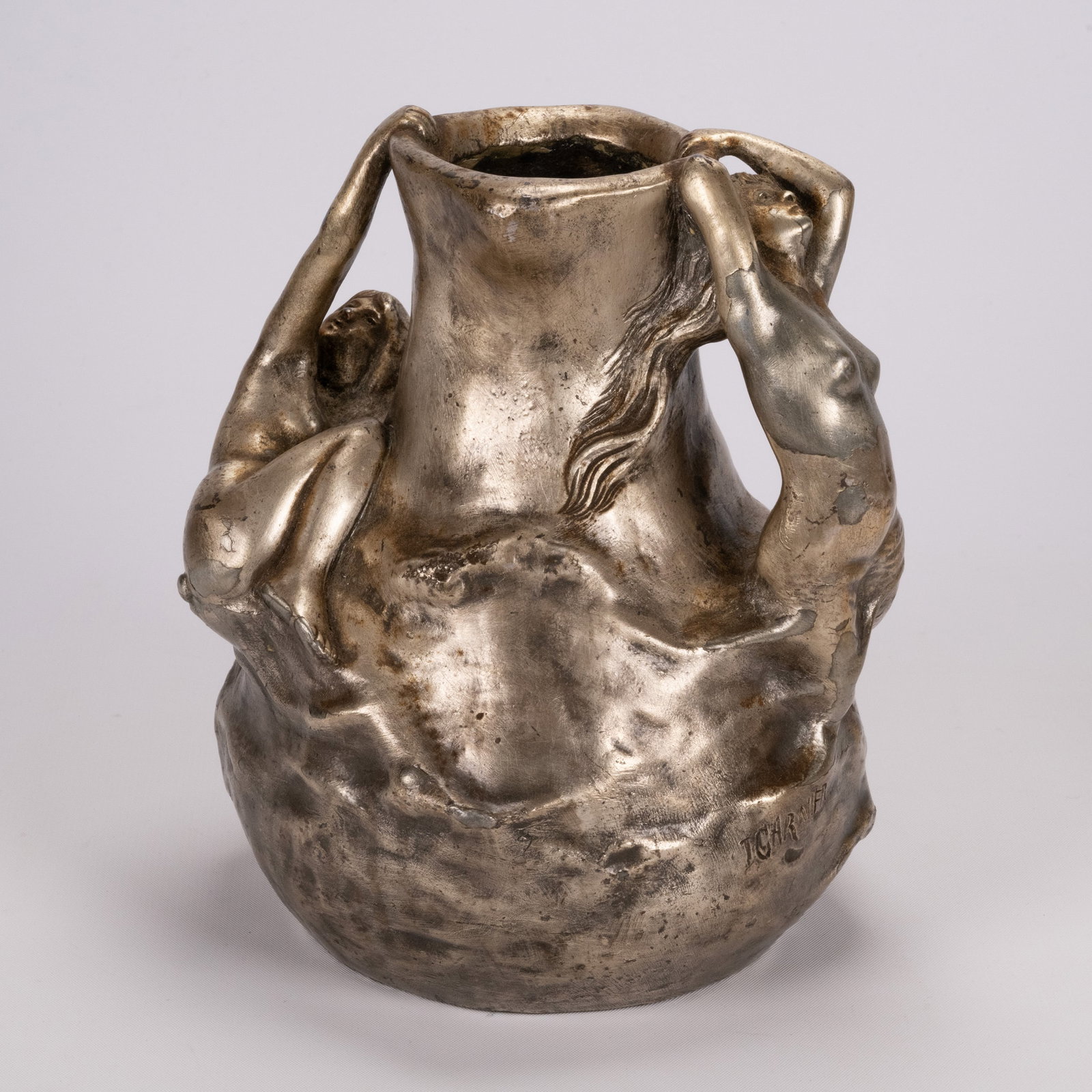 Jean Garnier (French 1853-1910) Naiadas Vase: Jean Garnier ( French 1853 - 1910 ) Two figures Forming the Handles Signed J. Garnier on the Body Mix Metal Circa 1900 6.5"H x 6"W In Overall Good Condition Please look at Photos Closely Out of a New