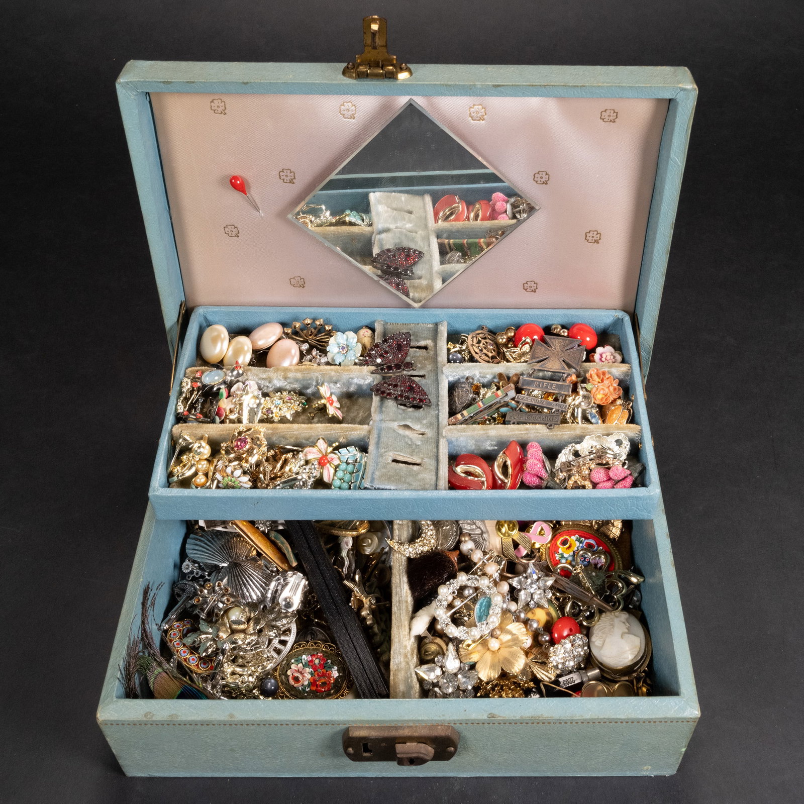 Costume Jewelry Lot As Found Unsearched: Costume Jewelry Lot As Found Unsearched Including Clip On Earrings Brooches Mimi Micro Mosaic Military Badges Gold Filled Mother of Pearl Fountain Pen in Original Presentation Case and Much More Pleas