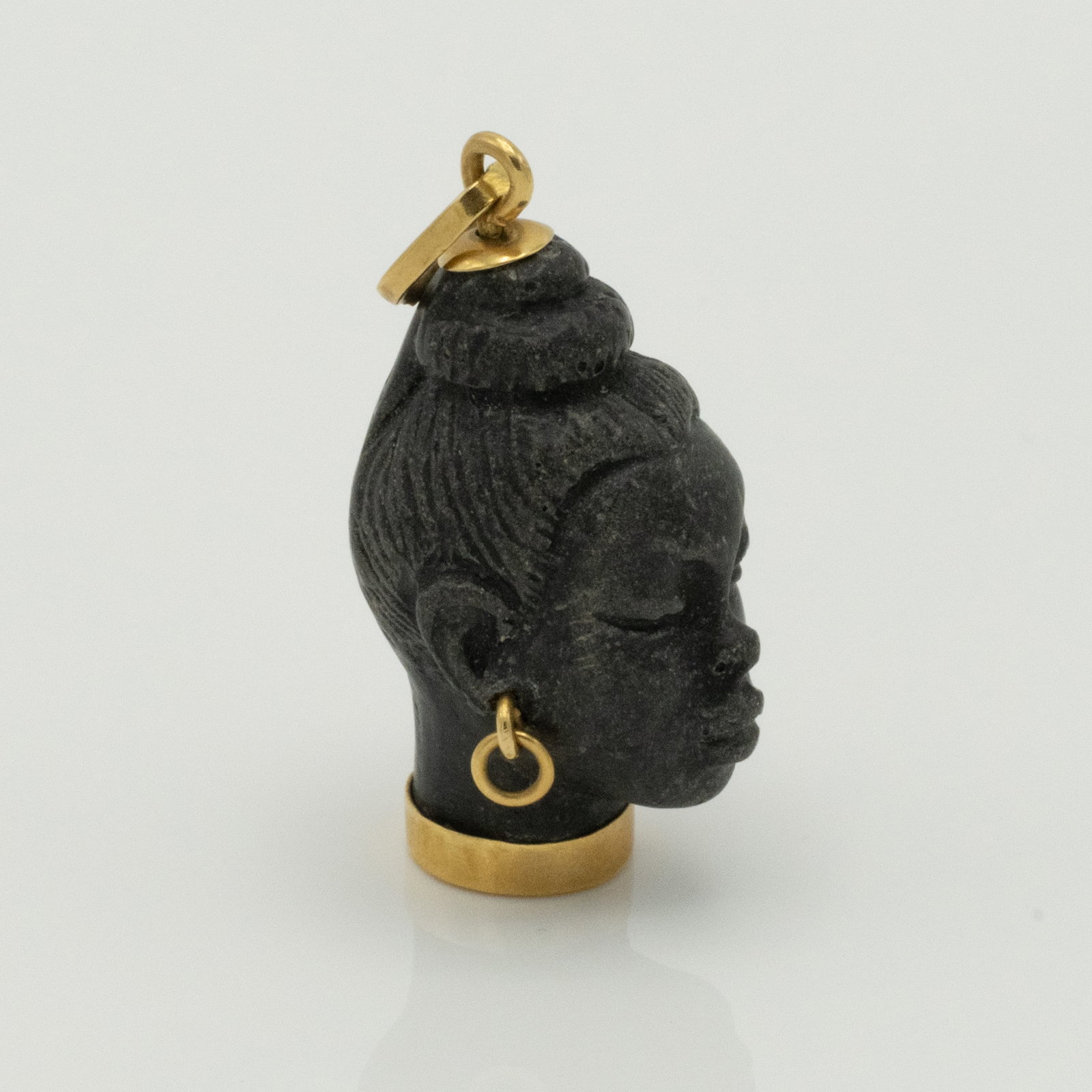 18k Gold Corletto Blackamoor Carved Ebony Head: 18 k Karat Gold Corletto Blackamoor Finely Carved Three Dimensional Ebony Head of a Nubian Princess Hoop Earing and Collar Necklace Bottom Made in Italy black a moor love americana Out of a New York C