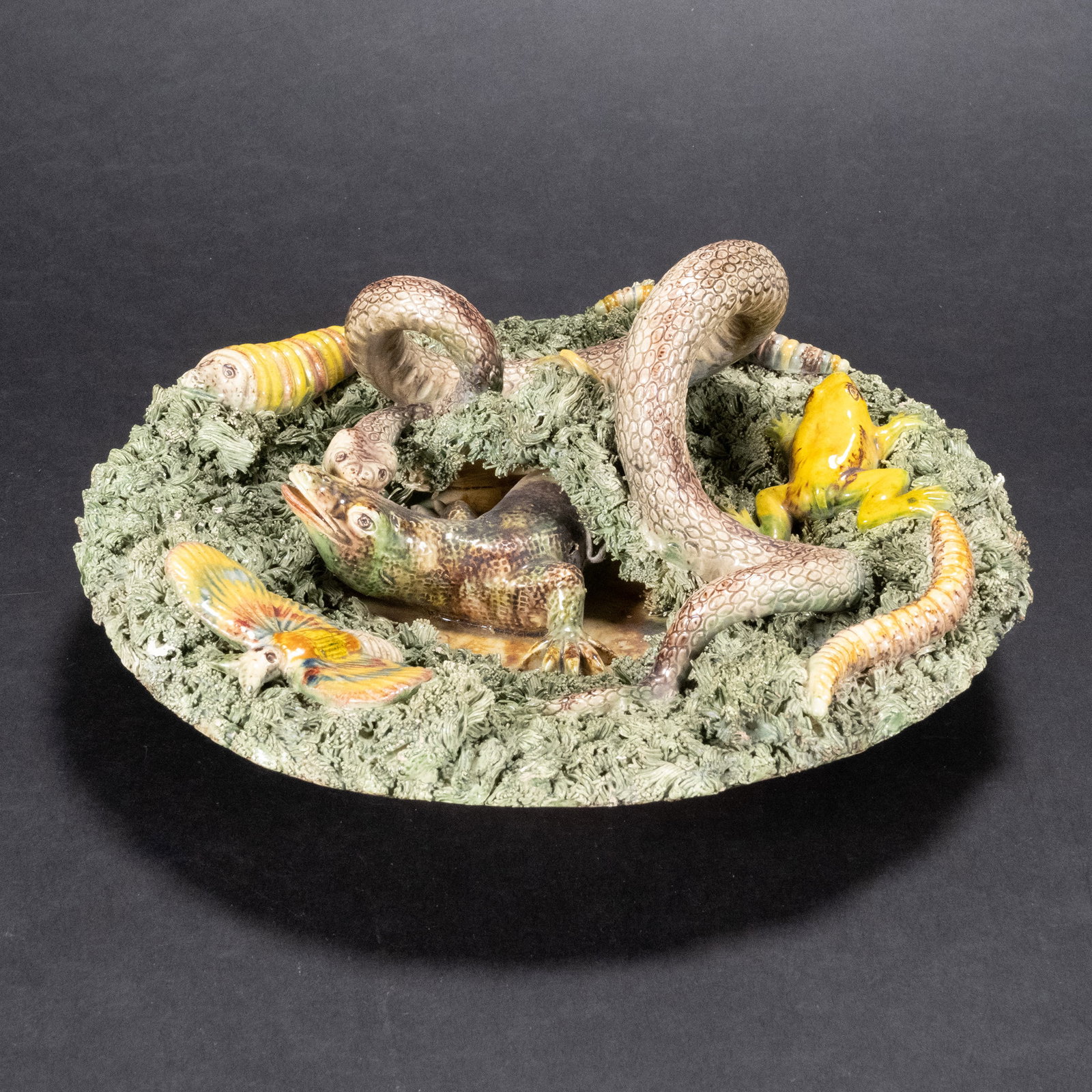 Jose Alves Cunha (Portugal 1849-1901) Majolica Snake Lizard: Jose Alves da Cunha ( Portuguese 1849 - 1901 ) 19th Century Majolica Palissy Ware Earthenware Glazed Ceramic Wall Art Features Snake Lizard Frog Snail and Various Insects Signed Underside Jose A. Cunh