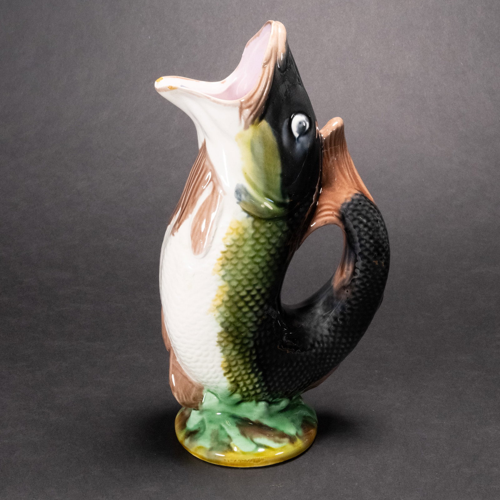 19th c. English Majolica Fish Pitcher: 19th Century English Majolica Gurgle Fish Pitcher Jug ' A Gurgler ' Unique Gurgling sound it Produces during Pouring Glazed Majolica Earthenware Pottery in the form of an Upright Leaping Fish with the