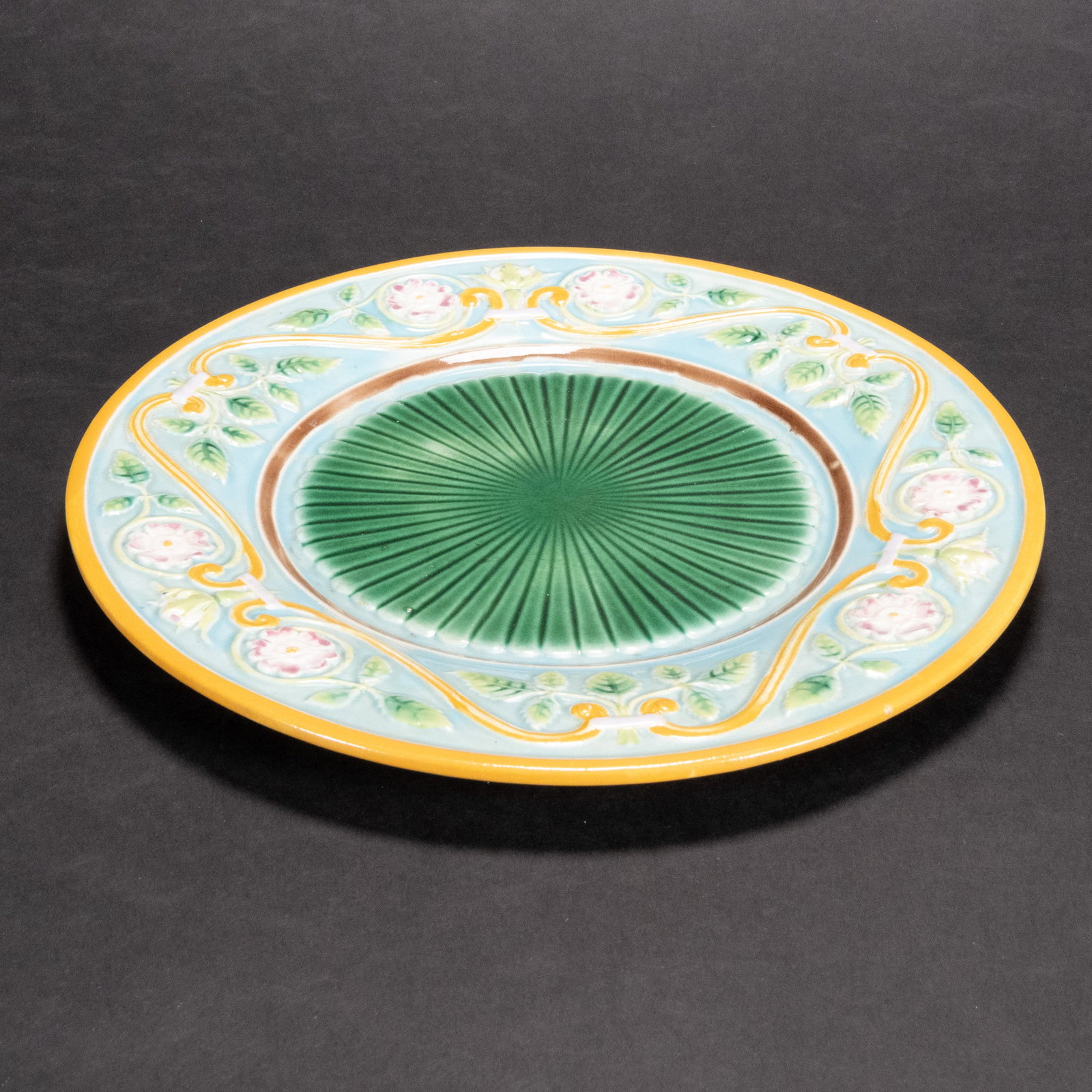 George Jones Majolica Charger: 19th Century Victorian George Jones Majolica Charger Decorated Floral Pattern Turquoise and Green Ground with Lotus Flowers & Acanthus Leaves George Jones and Sons Staffordshire England Marked Undersi