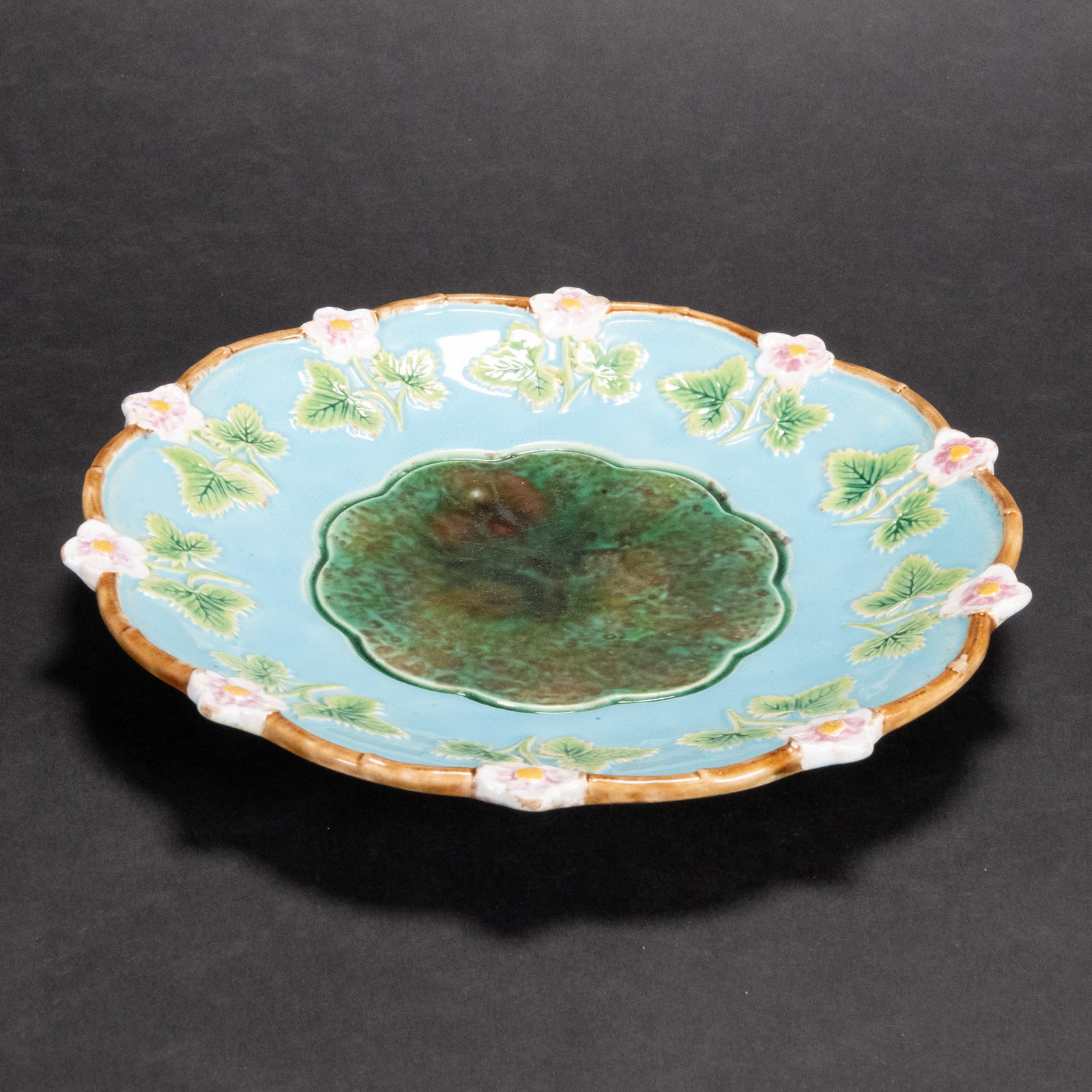 George Jones Majolica Charger Strawberry: 19th Century Victorian George Jones Majolica Turquoise Charger Strawberry Floral Pattern Turquoise and Green Ground with Lotus Flowers & Acanthus Leaves George Jones and Sons Staffordshire England Mar