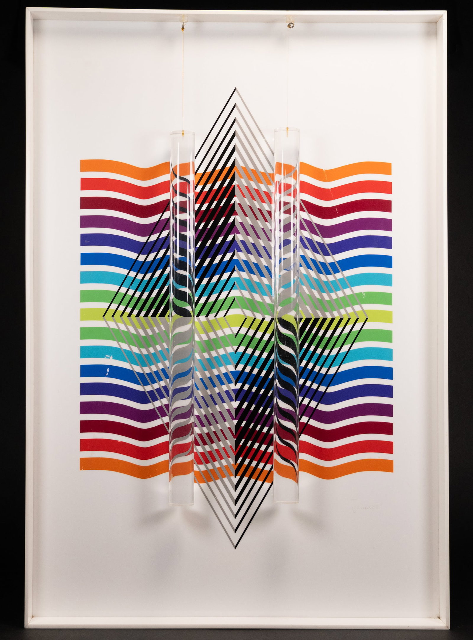 Leonard Janklow (American 1919-2006) Kinetic Art: Leonard Janklow ( American 1919 - 2006 ) Kinetic Pop Op Art Diamond Fract Serigraph On White Lucite Plastic With Two Suspended Clear Acrylic Rods Hanging for 3D Effect Signed in Reverse Janklow 29/100