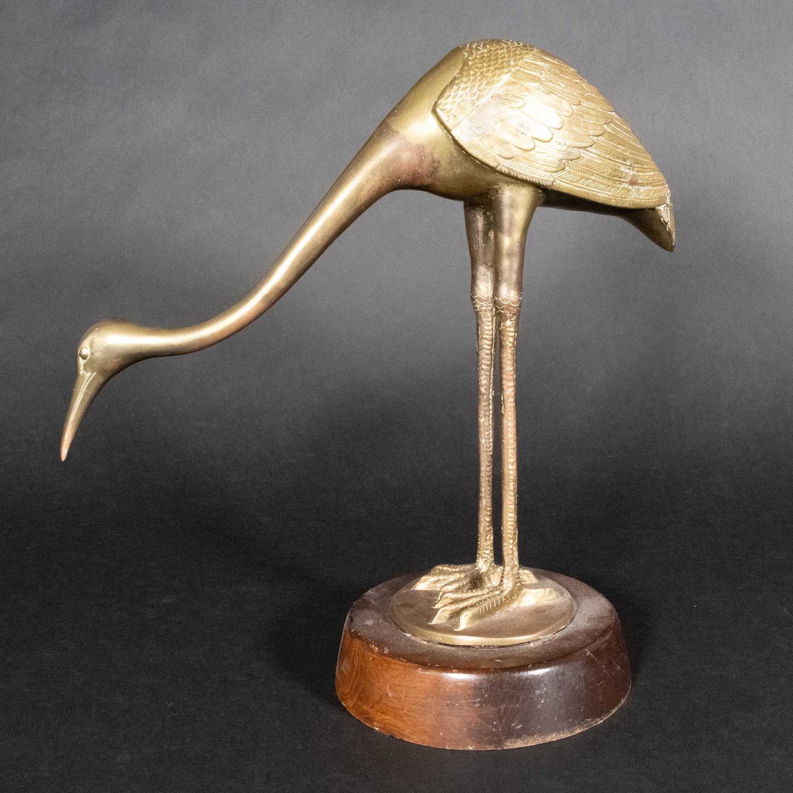 Cast Bronze Crane Sculpture: Cast Bronze or Brass Crane Garden Statue on Wood Base Inscribed Details 17 1/4" H 16 1/2" L Stork Sculpture Egret Heron figural figure figurine game animal hunting hunter bird in Overall Good Conditio