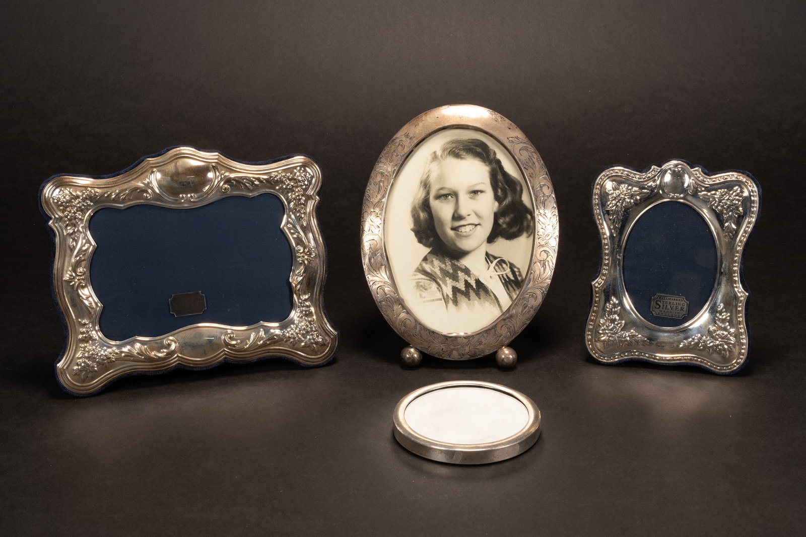 English Sterling Silver Repousse Photo Frame Lot Carrs Sheffield etc: English Sterling Silver Repousse Photograph Frame Lot by Carrs Sheffield etc British Freestanding Repousse Picture Frames With Floral Motif Lot In Original Boxes Includes: 1x Carrs Photo Frame 4" W x