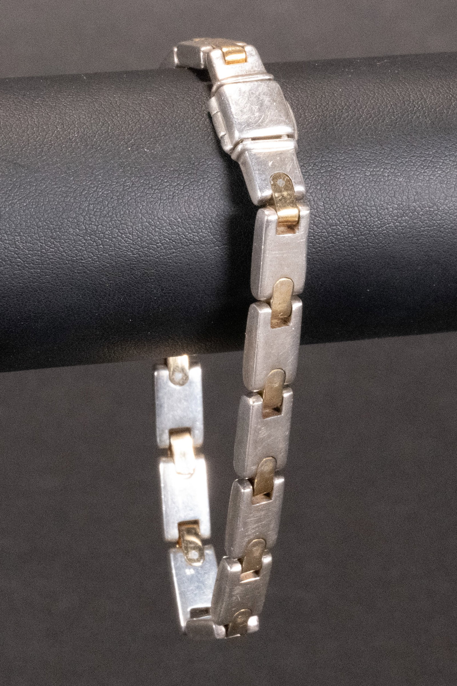Tiffany & Co. 18K Gold Sterling Silver Bar Link Bracelet: Tiffany & Co 18 k Karat Yellow Gold and Sterling Silver Bracelet Elegant Bar Link 8.5" L Well Crafted in 925 Sterling Silver with 18KT Yellow Gold Accent each Silver Bar is attached to a Round 18K Gol