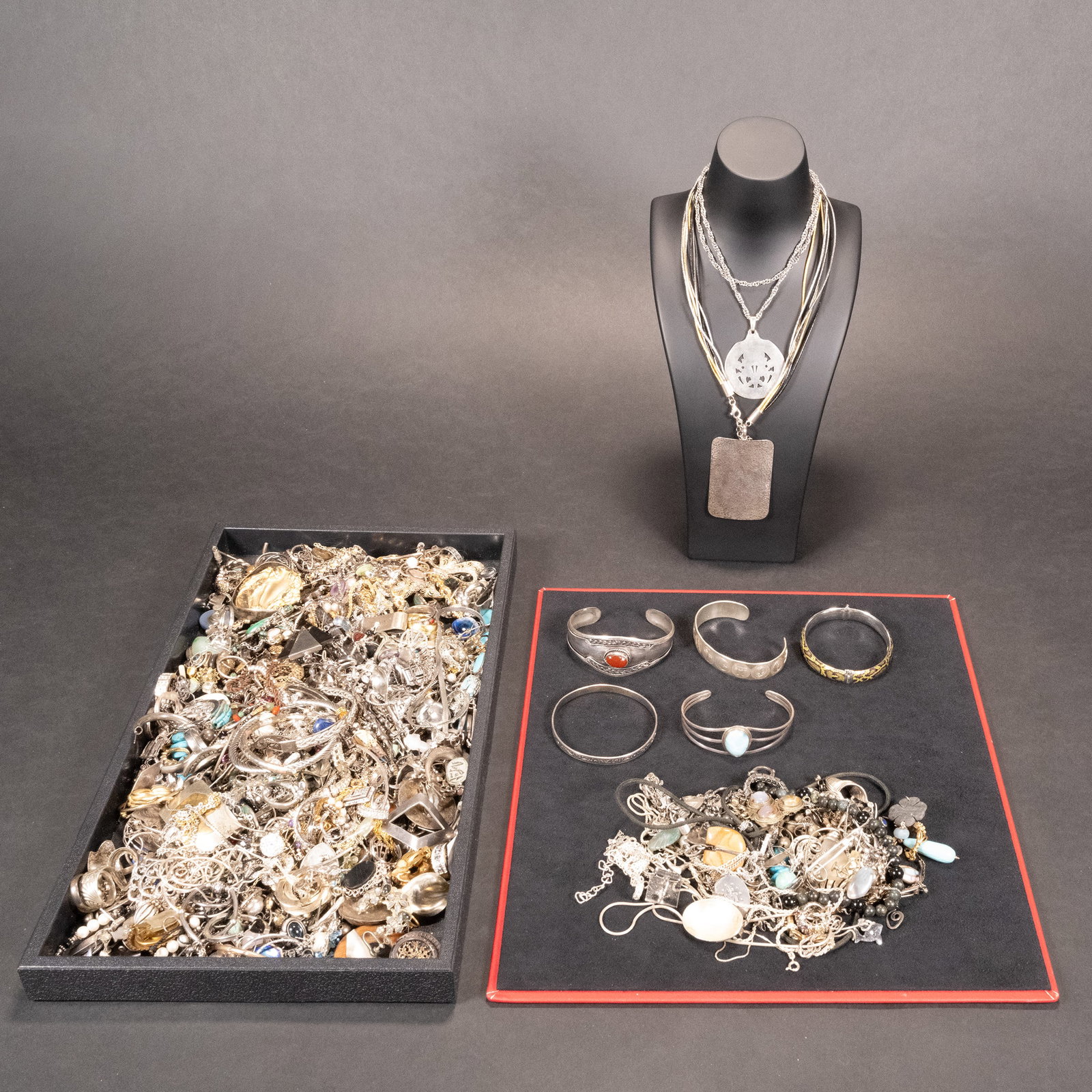 Large Sterling Silver Jewelry Lot As Found Unsearched Over 2000 Grams: Large Sterling Silver Jewelry Lot As Found Unsearched Navajo Victorian Art Deco Mid Century Modern Turquoise Scandanavian Gemstone Danish Brand Name Designer Bracelet Ring Brooch Earrings Necklace Pen