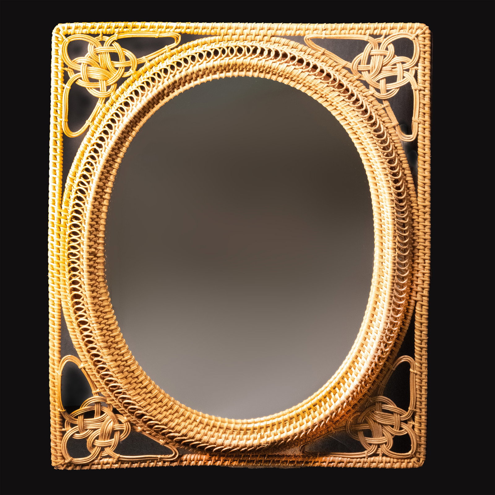 Modernist Rattan Wall Hung Mirror: Modernist Wall Hanging Rattan Wicker Cane Mirror Mid Century Modern Designed Vintage 1970s Great DÃ©cor decor Dimensions 22 Inches by 18 Inches Out of a New York City Estate