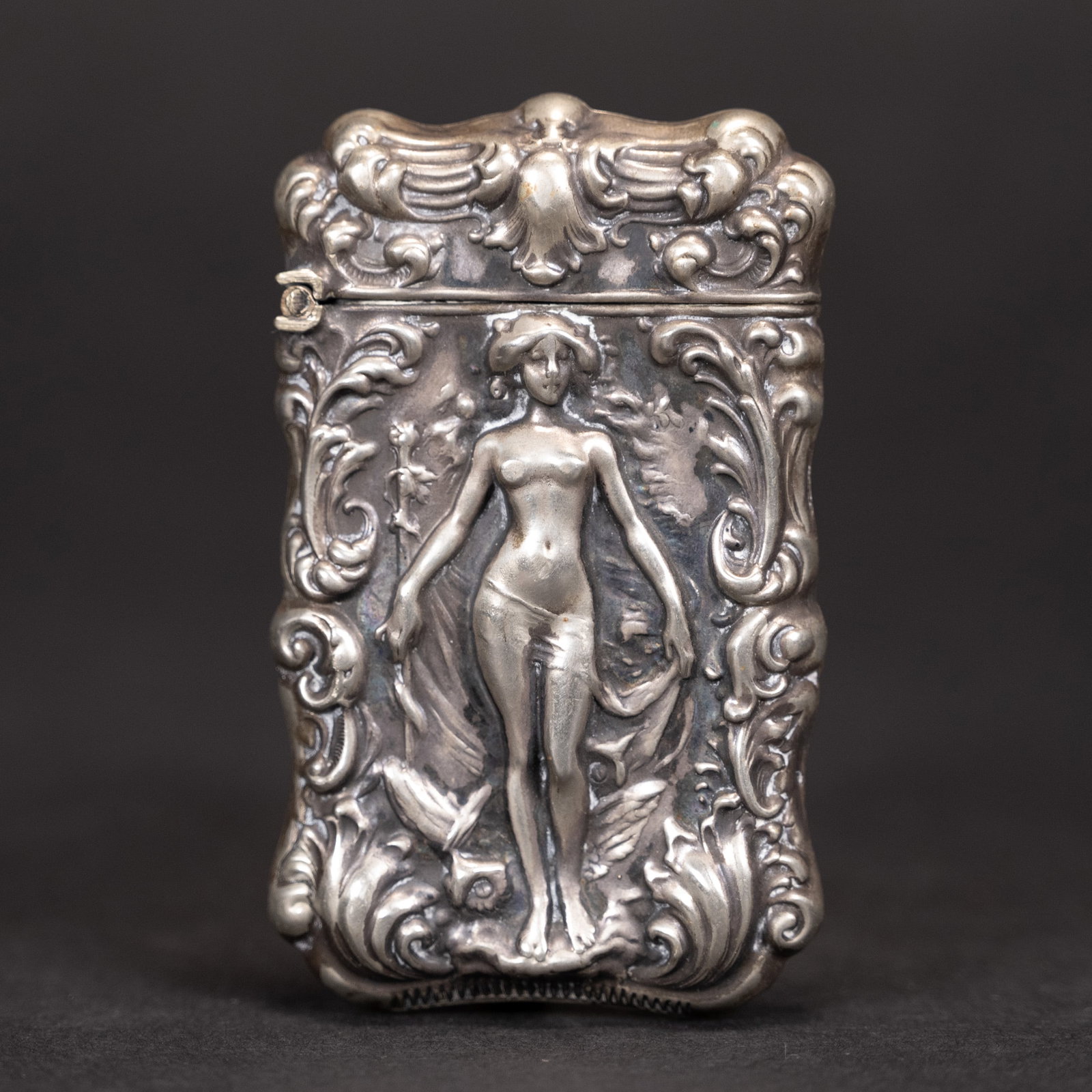 Art Nouveau Silver Nude Lady Figure Matchsafe: 19th Century Art Nouveau Sterling Silver Nude Young Women Figural Match Safe Dimensions 3 3/4" L 1 3/4" W holder cigar cigarette tobacco tobaconia pipe dunhill playboy pin up vargas vergas playgirl ca