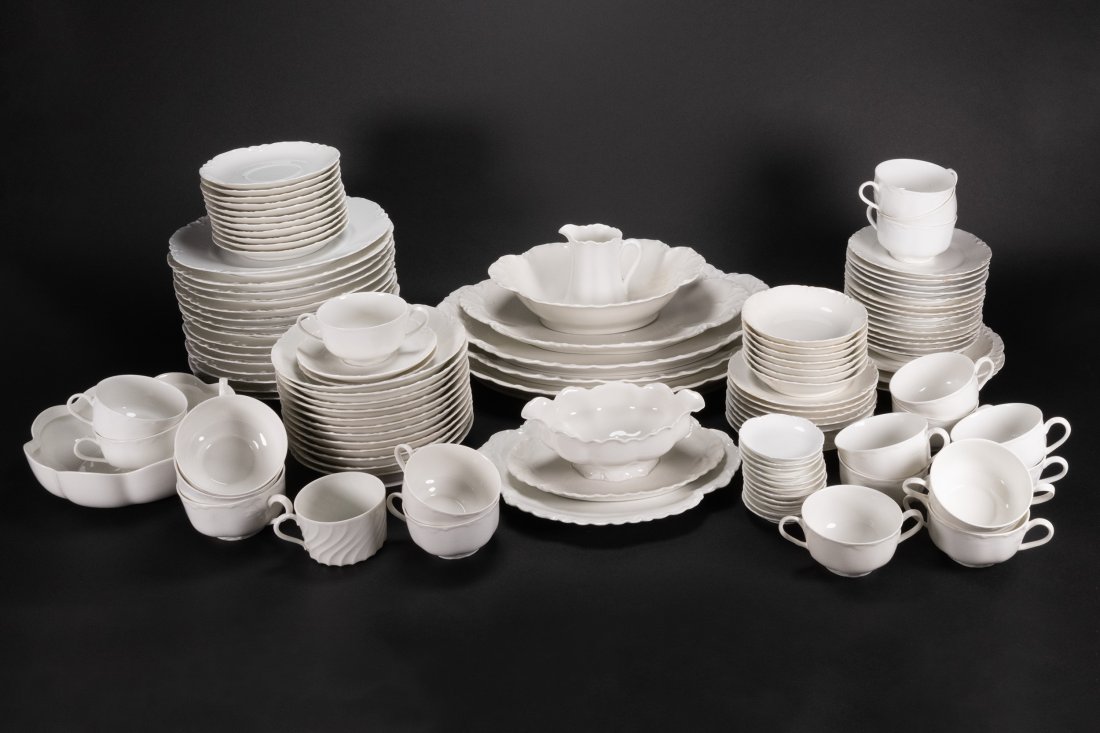 Haviland Limoges Dinnerware White Scrolling Vine Pattern: Haviland Porcelain Partial Dinner Ware White Cream Scrolling Vine and Candace Leaf Design Cup Plate Serving Dish Platter Ranson Gravy Boat with Attached Drip Underplate 10.5" Serving Dish 4" Creamer 8