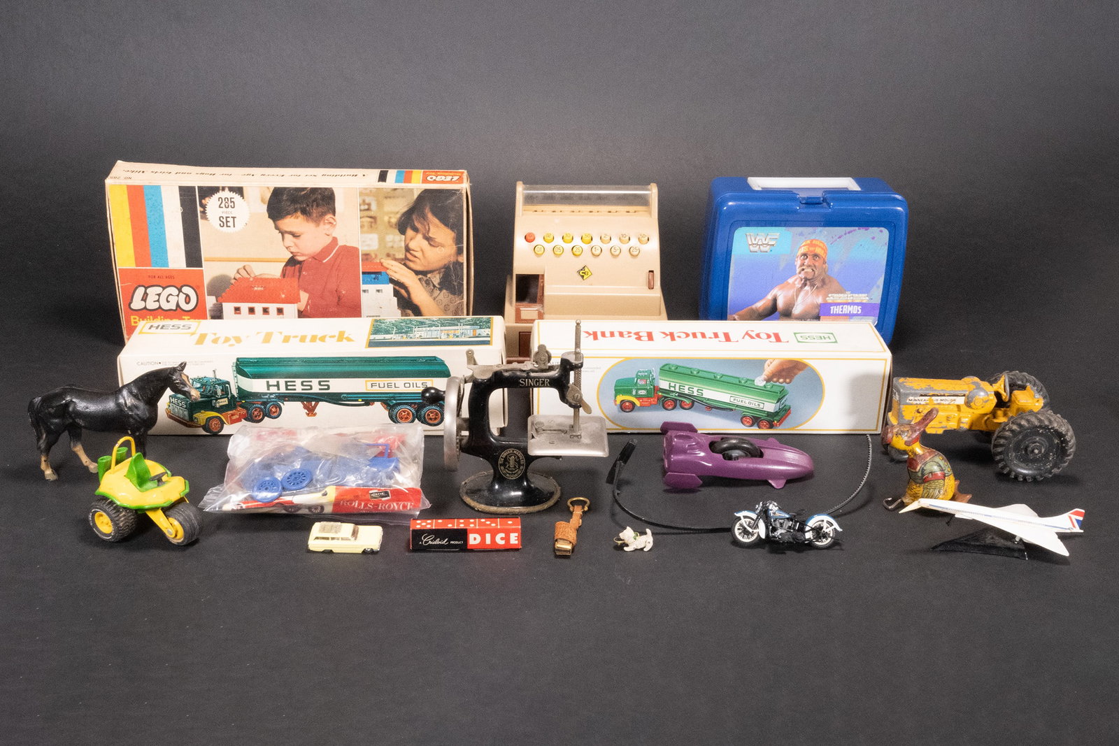 Antique Toy Lot Tin Animal Lego Singer Sewing Machine Hess Truck etc: Vintage Toy Lot Hantel Pewter Tin Animals Legos Collectibles J Chein Duck Minneapolis Moline Die Cast Horse Tonka Car WWF WWE Lunch Box Musical Harley Davidson Airfix Hess Cash Register Singer Toy Sew
