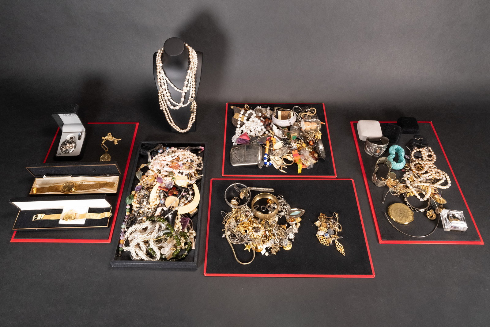 Large Costume Jewelry Collection Lot Necklace Bracelet Cameo Bronze Crushed Jade Enamel etc: Large Costume Jewelry Collection Lot Necklace Bracelet Cameo Bronze Crushed Jade Enameled Gems Gold Tone Silver Tones Sterling Silver Marcasite Mother of Pearl Onyx and Much More In Overall Good Condi