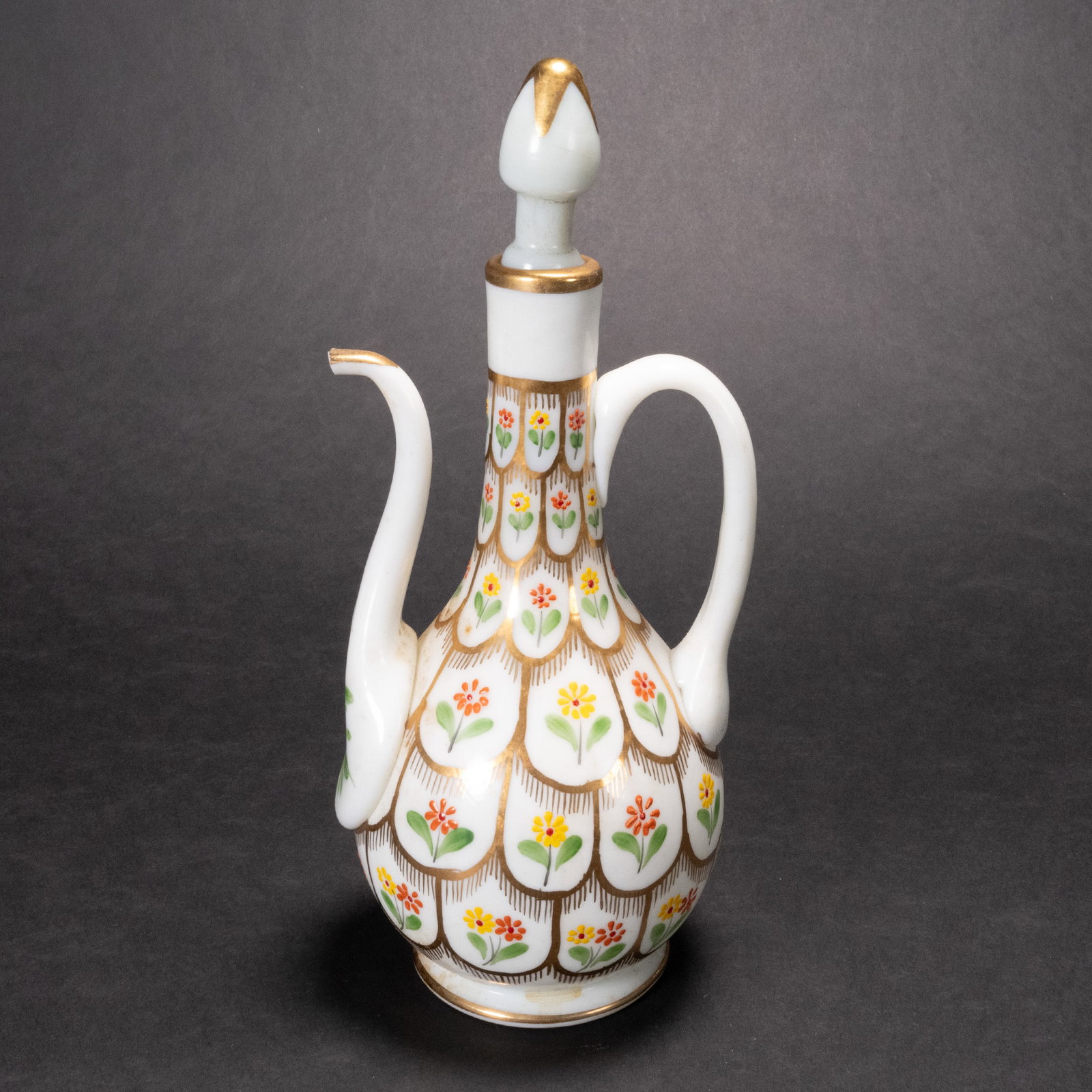 Antique Ottoman Beykoz Opaline Glass Water Jug: Antique 19th Century Turkish Ottoman Beykoz Opaline Art Glass Water Jug Pitcher Wine Decanter Turkey Gold Embellished Floral Panel Design Pattern 10.5" Tall Overall Good Condition Please look at Photo