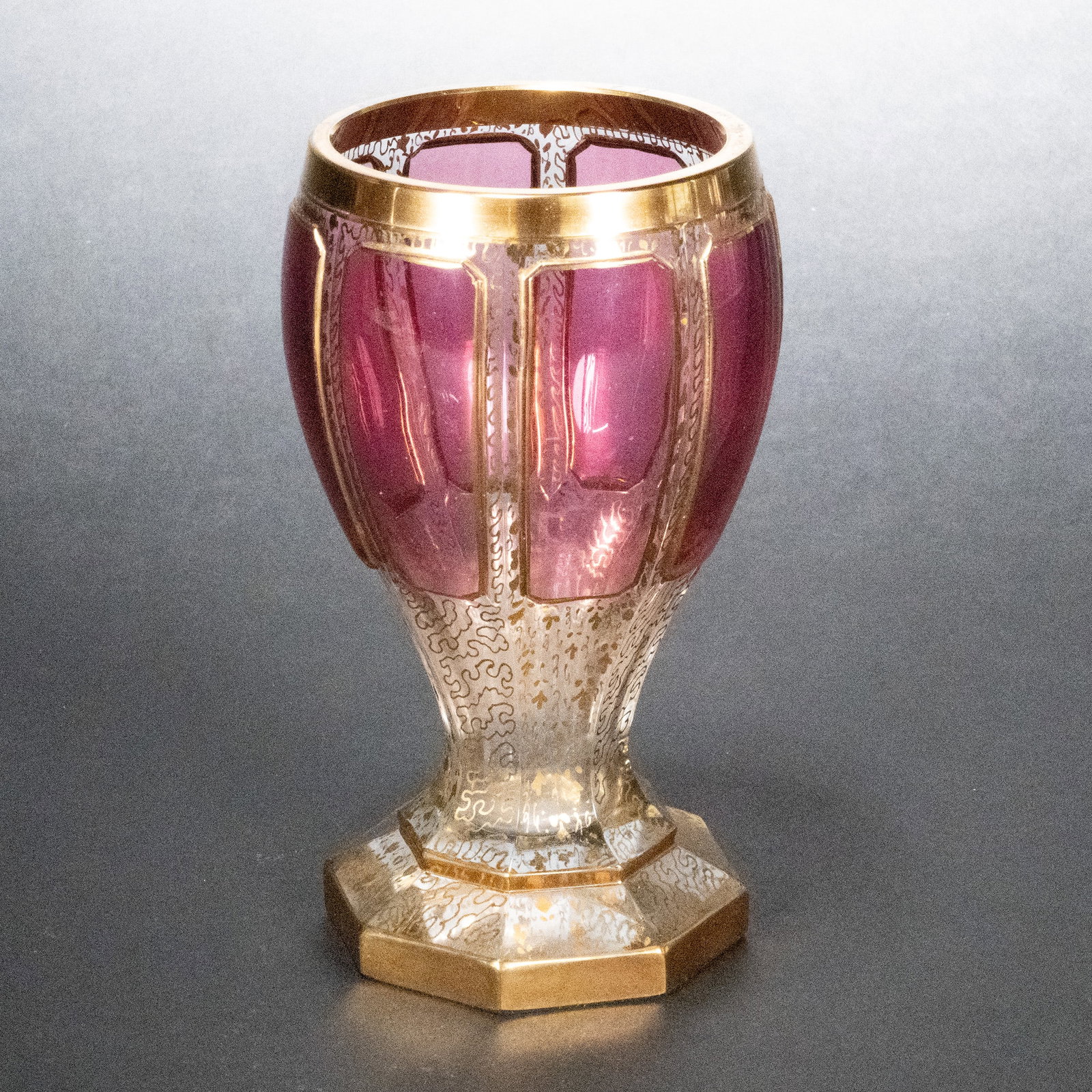 Moser Chalice Crystal Goblet Wine Glass: Antique Bohemian Moser Chalice Cut to Clear Crystal Goblet Art Glass Karlsbad Wine Cabochon Very High-Quality 6 1/4" H Enameled Gold Gilding In Overall Good Condition Please look at Photos Closelyczec