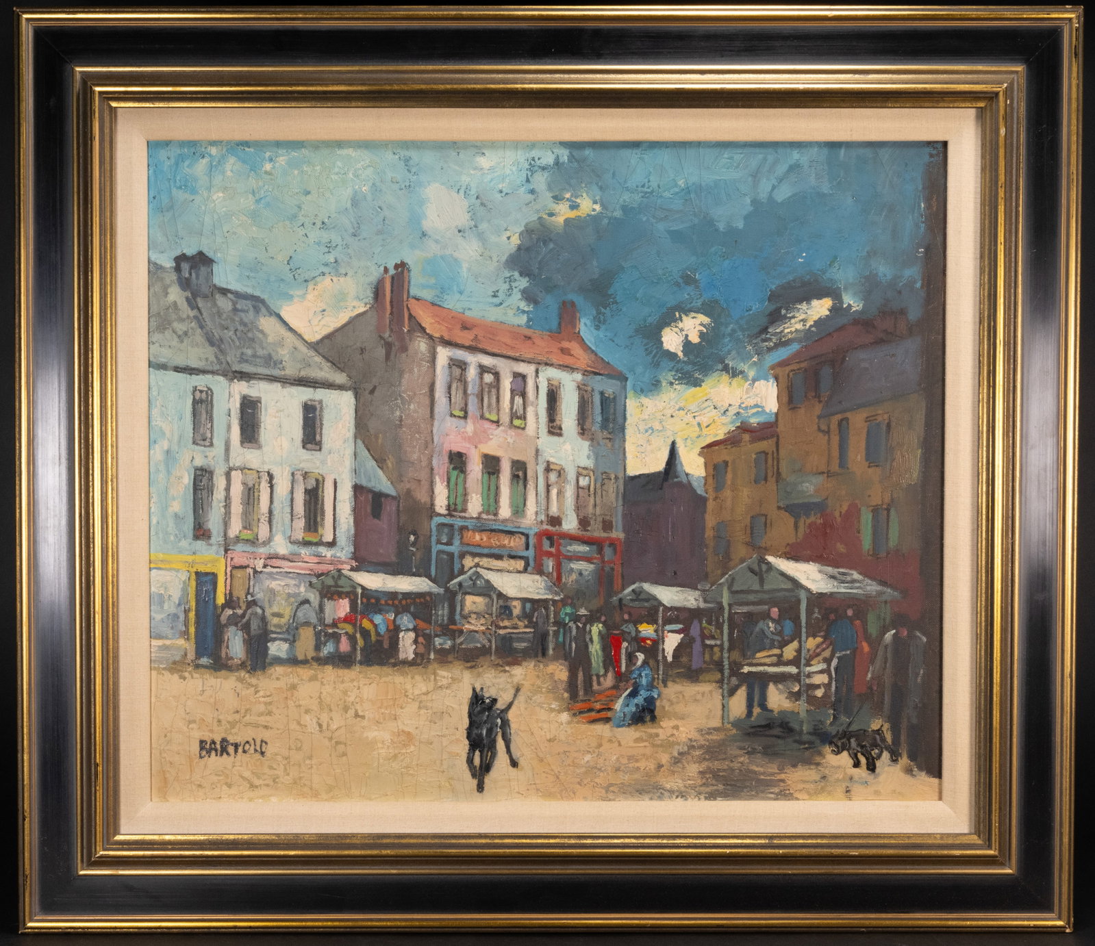 Antique Impressionist Landscape Oil Signed Illegable: Antique Impressionist Landscape Oil Signed Illegable Bartolo ? Barvolo ? Pos t-Impressionist Village Landscape Oil on Canvas Signed Lower Left Depicts a European Village Market Scene with Multiple Bui