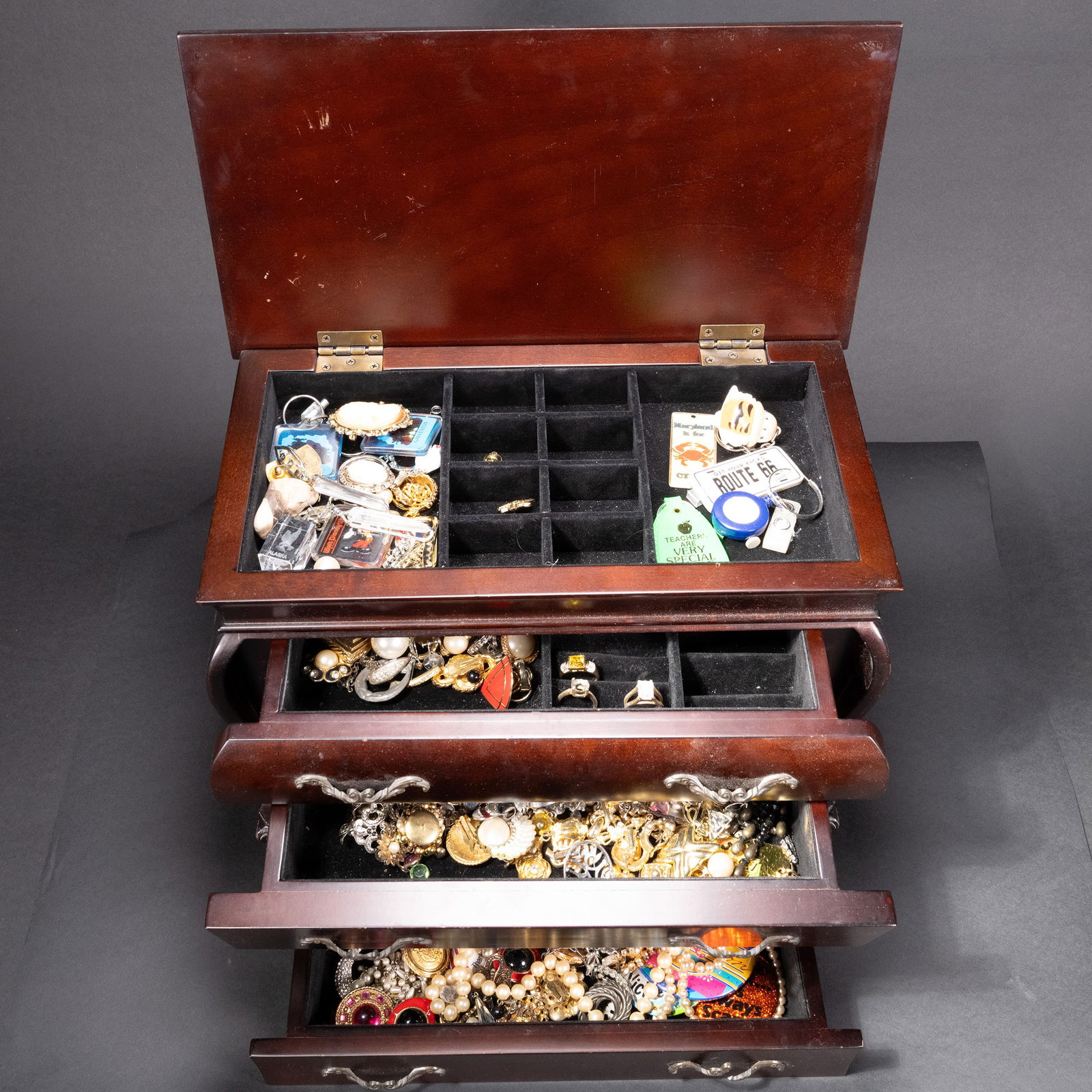 Lot of Costume Jewelry w/ Wooden Jewelry Box: Lot of Various Costume Jewelry with Wooden Jewelry Cabinet Box Lots May Contain Rings Necklace Bracelet Brooch Pin Pendant Charm In Overall Good Condition Please look at Photos Closely Out of a New Yo