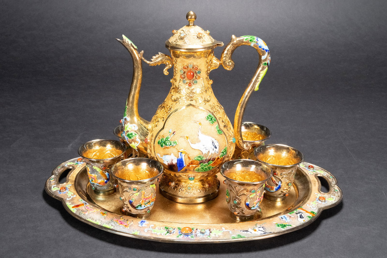 Chinese Gilt Sterling Silver Jeweled Tea Set Rare: Chinese Sterling Silver Gilt Semi-Precious Stones Jade and Carnelian Tea Set With Repousse Floral Design Hand Made Hand Painted Cloisonne Enameled Animal Floral Motif Each Piece Is Marked Underneath B