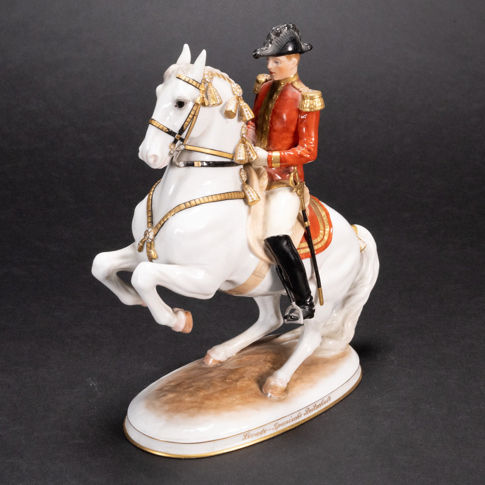 Augarten Wien Austrian Soldier on Horse Porcelain Sculpture: Augarten Wien Austrian Equestrian Ceramic Figure Officer and Lipizzaner Horse in Gilded Regalia " Levade Spanische Reitschule " " Levade With Rider " ( 1591 ) Regimental Figurine Spanish Riding School
