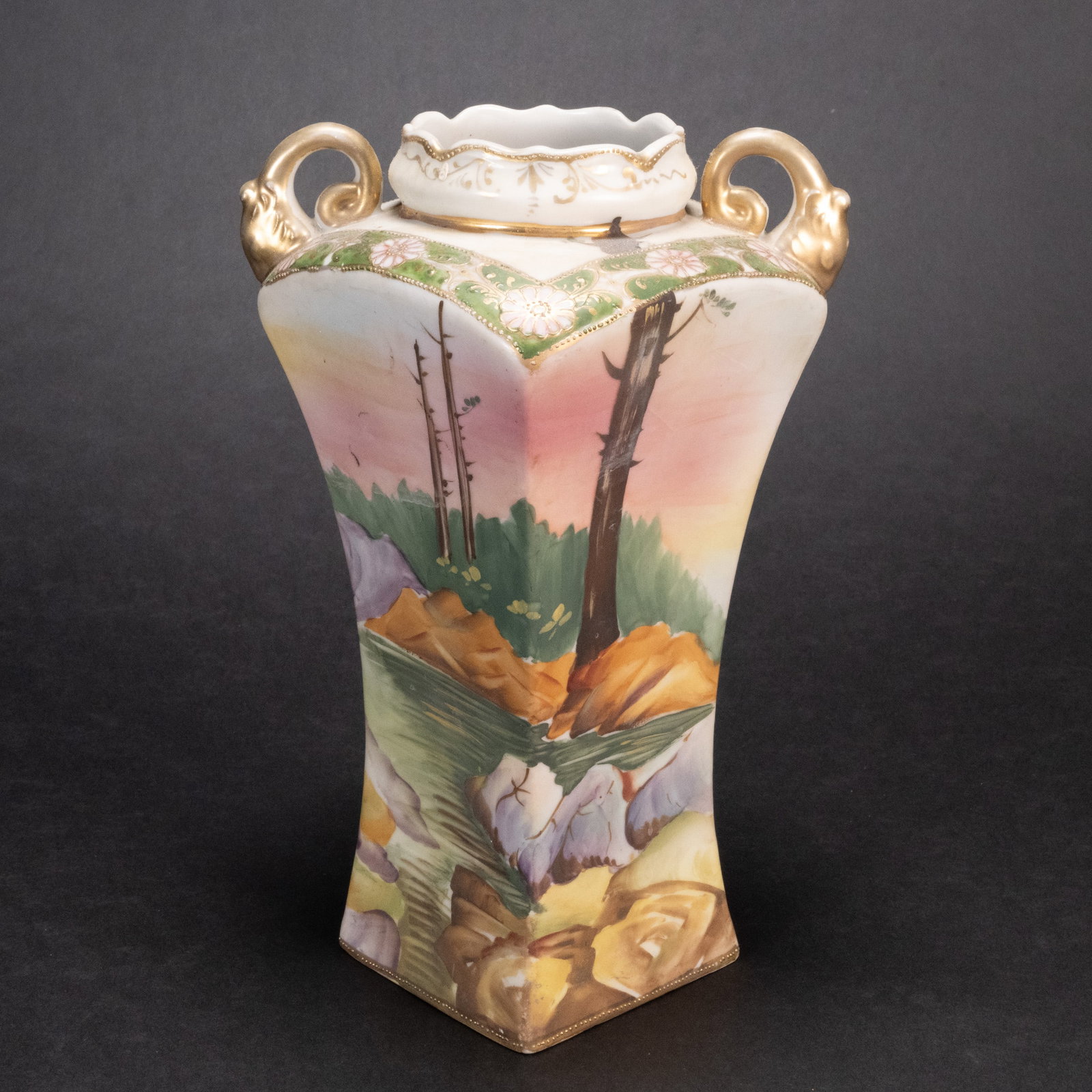 Nippon Scenic Vase By Morimura Gumi: 19th Century Nippon Scenic Vase By Morimura Gumi Nippon Vase in Rectangular Form Unglazed Double Handled Underneath Base In Blue With Maple Leaf - Mark Used By Morimura Gumi Between Early 1891 Until 1