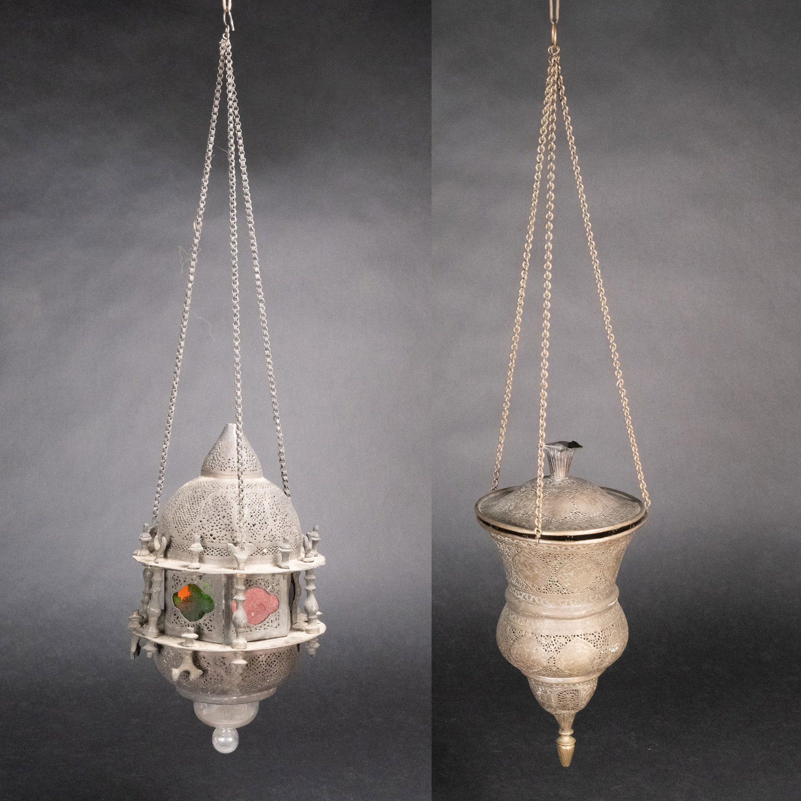 Persian Moorish Hanging Lanterns In Brass Lot: Persian or Moroccan Moorish Hanging Lanterns In Brass Lot Comprising: 1x Moroccan Moorish Reticulated Hanging Pierced Brass Lantern Lamp With Colored Glass In Red And Green Panels Is Hanging On Three 