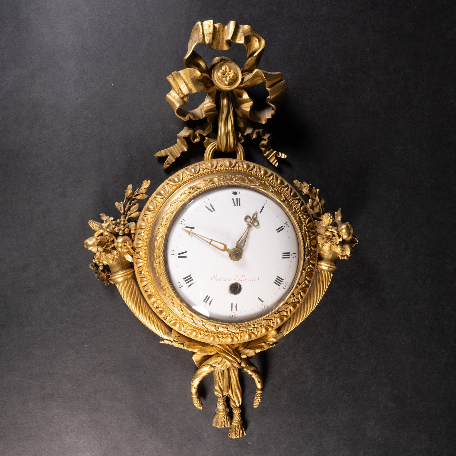 Renacle Nicolas Sotiau (French 1749-1791) Louis XVI Gilt Bronze Cartel Clock: Renacle-Nicolas Sotiau ( France 1749 - 1791 ) Louis XVI Gilt Bronze Cartel Wall Clock Chelsea Clock Co. Boston USA #471170 Clock and Enamel Dial Late 18th Century Signed " Sotiau Paris " Chiseled and