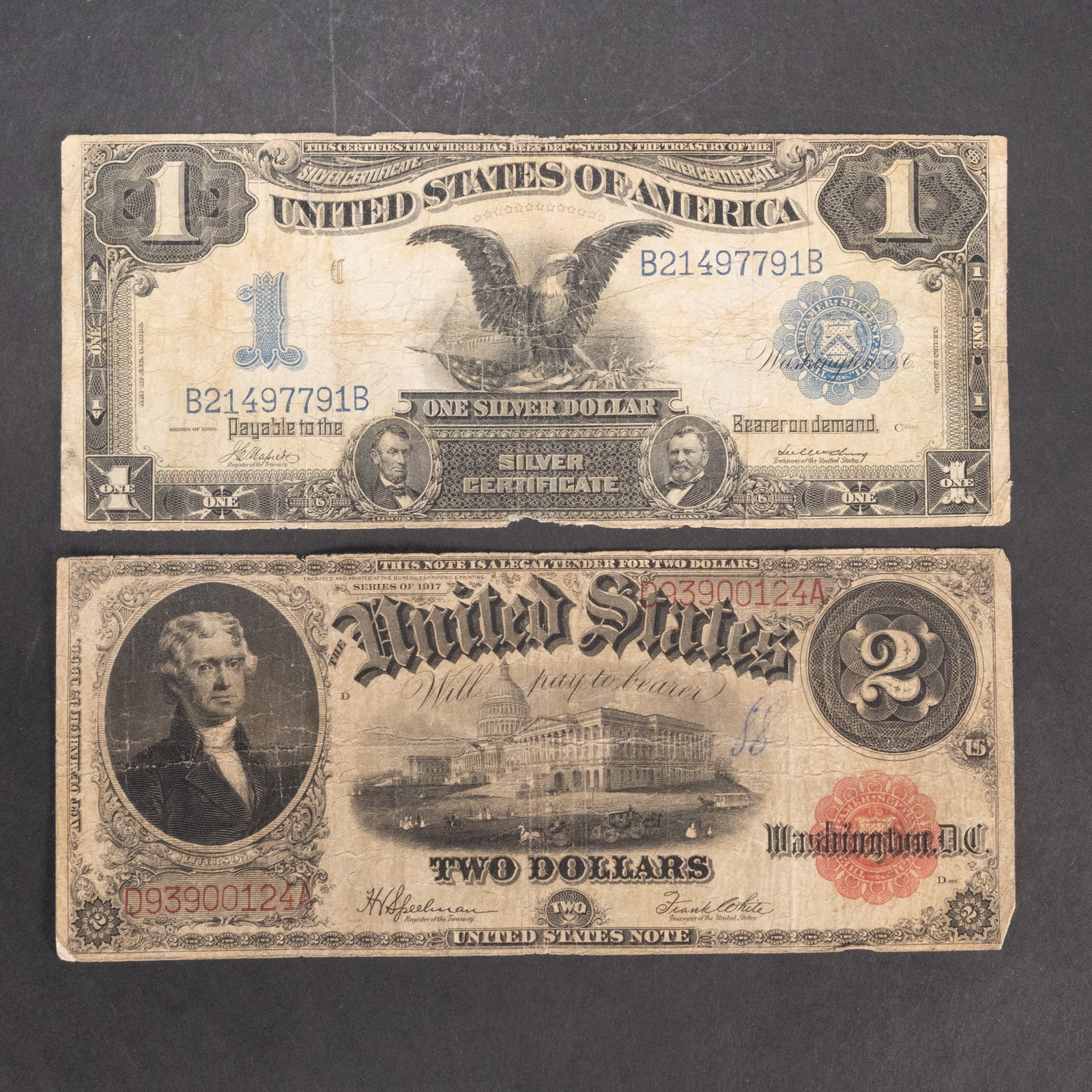 US Currency 1899 $1 Silver Certificate & 1917 $2 Dollar: American Currency Lot Is Comprising: 1x 1899 $1 Black Eagle One Silver Dollar Silver Certificate Signed " Napier " and " McClung " Series Of 1899 The Series 1899 Black Eagle note is from an era when p