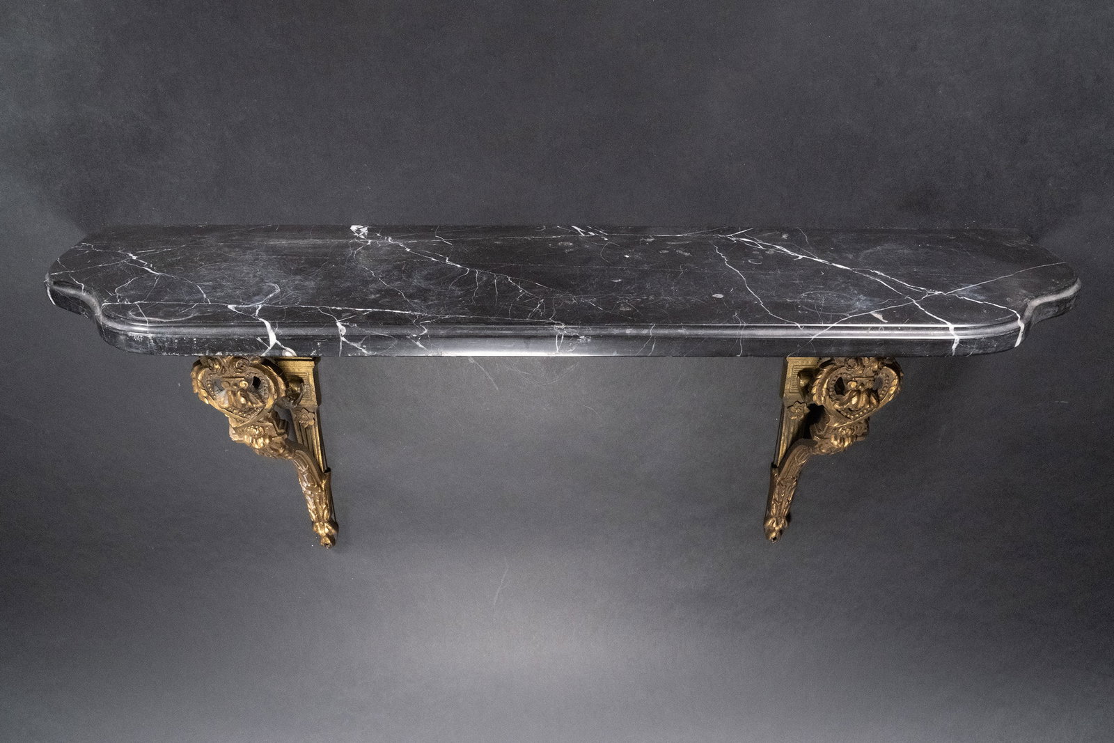 Continental Marble Gilt Bronze Bracket Console: Continental Marble Gilt Bronze Bracket Console ?15"H x 10"W x 36"L In Overall Good Condition Please look at Photos Closely Out of a New York City Estate