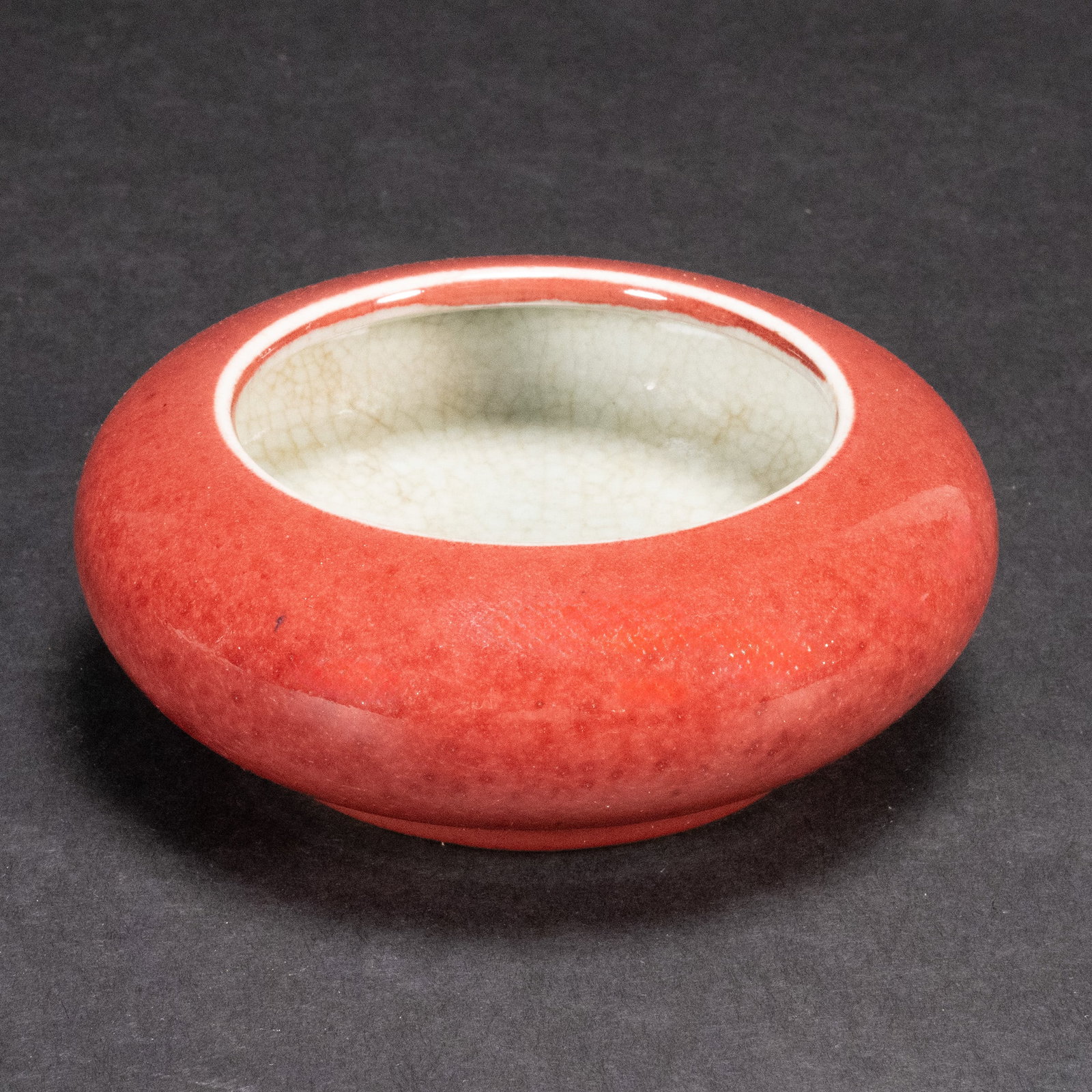 Chinese Qing Oxblood Glazed Ceramic Brush Washer: Chinese Qing Ox Blood Glazed Porcelain Brush Washer Pot with Beige Glaze Rim and Celadon Crackle Interior and Underbase 1 3/4"H x 4 1/2"W In Overall Good Condition Please look at Photos Closely Out of