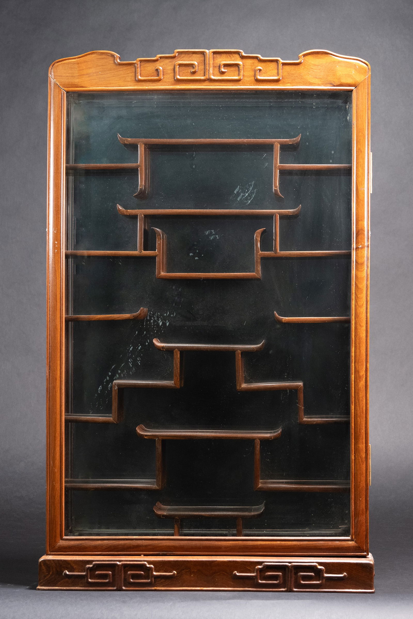 Chinese Rosewood Wall Mount Vitrine Snuff Bottle Display Cabinet: Chinese Wall Mounting Curio Vitrine Snuff Bottle or Other Small Jade Ivory Ceramic Carved Coral etc Display Showcase Hand Carved Hardwood Approx 32"H x 20" W x 4" W In Overall Good Condition Please lo