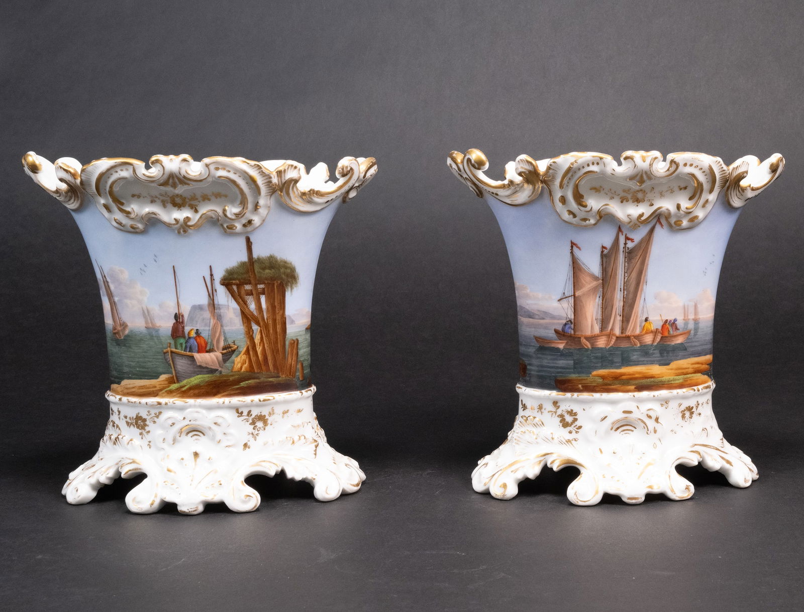 Jacob Petit French Paris Ceramic Vase Pair: Jacob Petit French Old Paris Porcelain Vases Decorated with Hand Painted Seascape Ships Sailing and Figural Motif Painting Wear of Gilding Signed Underneath: " DA " Dimensions Approx 7 3/4"H x 8"L x 5