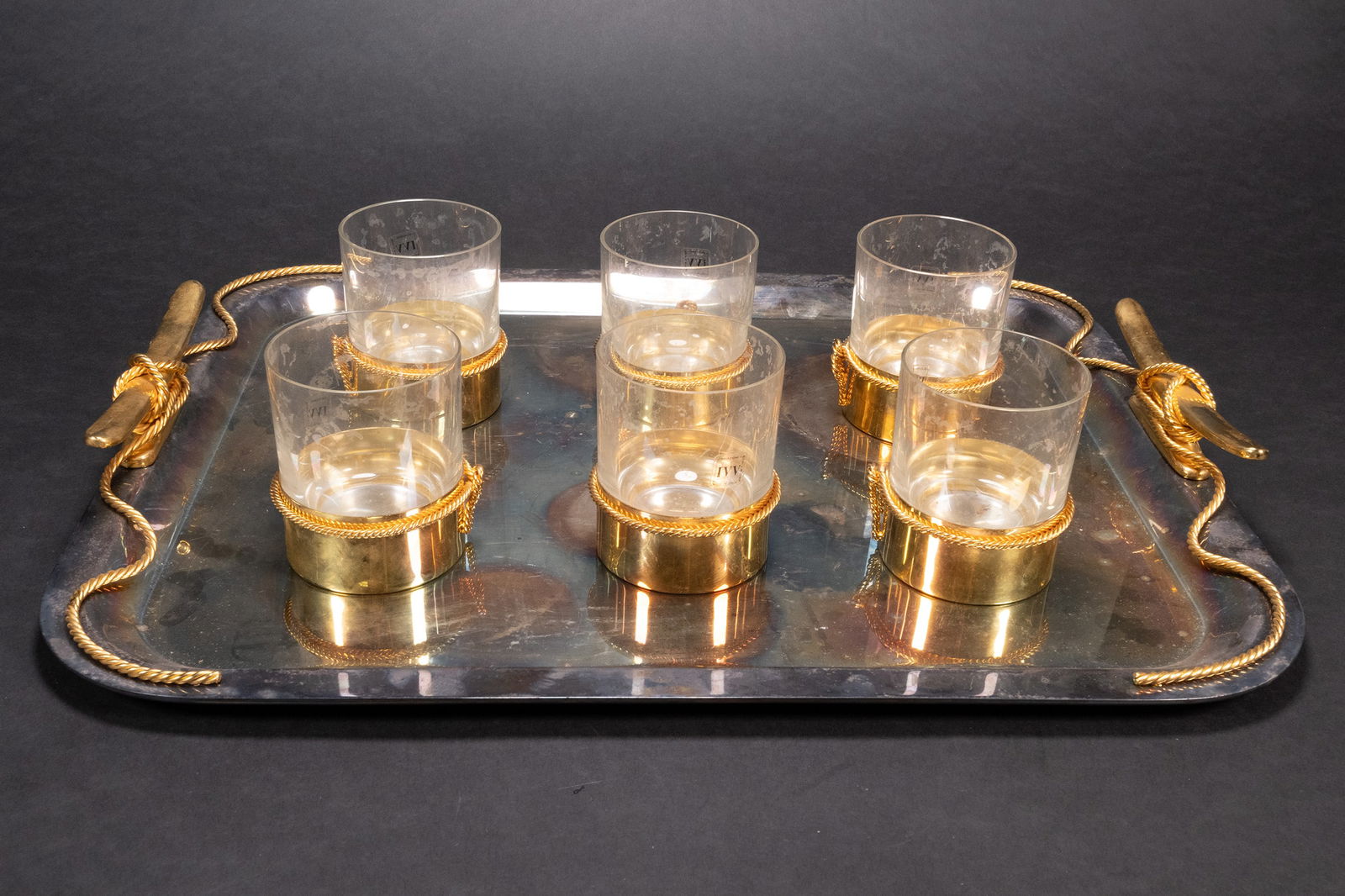 Gucci Nautical Tray & Gilt Glass Cocktail Tea Service Set: Mid Century Modern MCM Italian Gucci Nautical Serving Tray Circa 1975 and Gold Tone Metal Hand Mouth Blown Art Glass Glasses Each Fitted with Rope Detail Each Glass and Tray Marked on Underside: " Guc