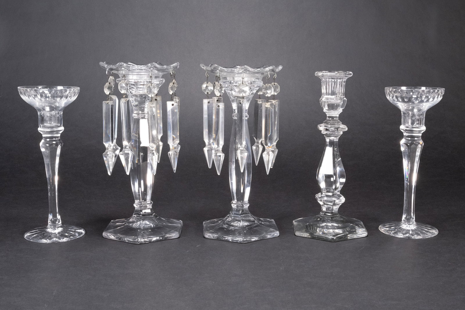 Baccarat Crystal Candleholder Lustre Group Lot: Art Glass Crystal Candlestick Luster French Baccarat Style Lot Comprising: 1x Pair Of Baccarat Style Crystal Candleholders with Prisms Lusters on Hexagonal Base Some of The Lusters Have Cracks or mino