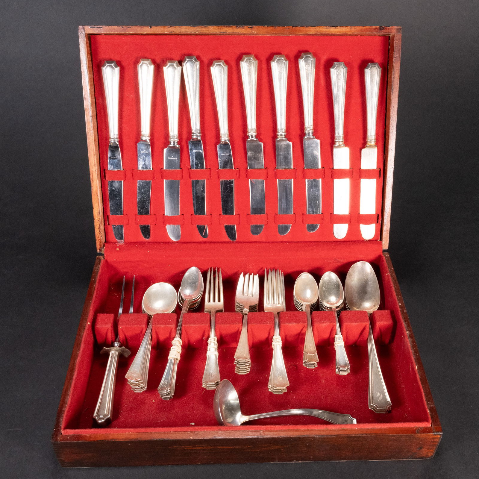 Gorham Sterling Silver Flatware Set Circa 1871 In Wooden Box: Gorham Sterling Silver Flatware Set Circa 1871 Set In Wooden Box Total Weight 2110 Grams Without Box Includes (1) Carving Fork (Sterling Handle) 8" Long (6) Soup Spoons 6" Long (6) Dessert Spoons 7" L