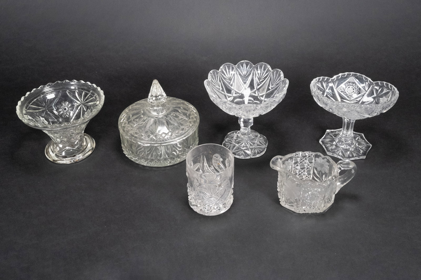 Etched Crystal Art Glass Glassware Candy Dish Glass Creamer Group Lot: Etched Cristal Art Glass Glassware Candy Dish Glass Creamer American Brilliant Style Collection Grouping Lot Pedestal Candy Dish 5" Tall 6" Length Creameredestal Candy Dish Wave Rim Multi Pointed Star