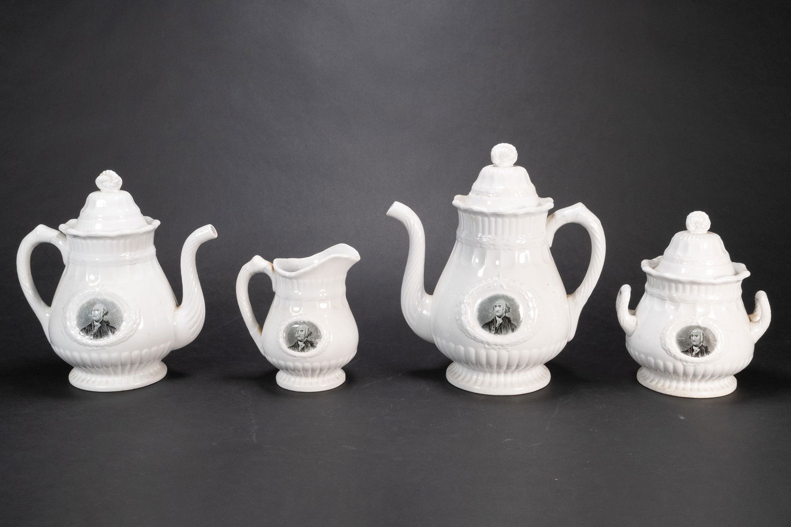 Branded Elsmore & Forster White Ironstone Tea Coffee Service: Branded Elsmore and Forster White Iron Stone Tea Coffee Pot Laurel Wreath Pattern with George Washington Image 11.5" Tea Coffee Pot With lid Ribbed Scalloped Design with Wreath Star at Top Rope Knot o