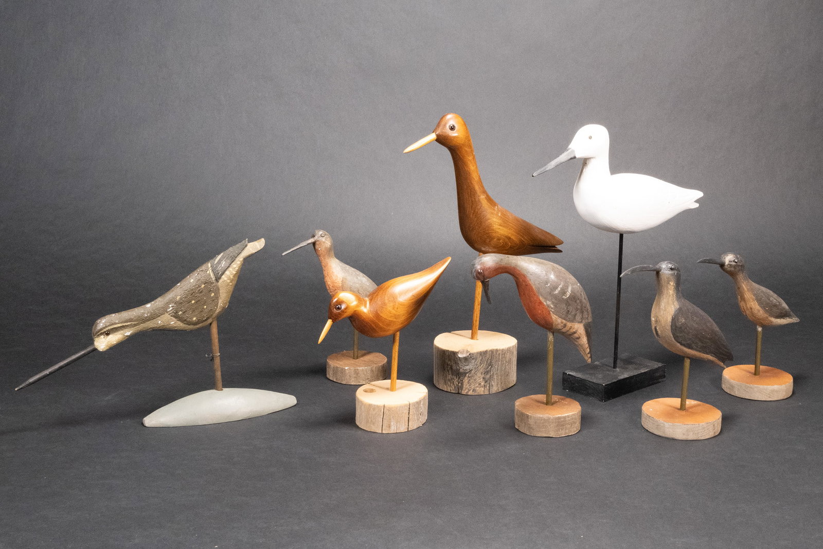 Folk Art Hand Carved North American Shore Bird Collection: Folk Art Hand Carved Wood North American Shore Birds Between 7" - 14" From Tail To Tip Of Beak And Stand approximately 7"-11" Tall. Various Poses. All Individual Stands are Made Completely Of Wood and