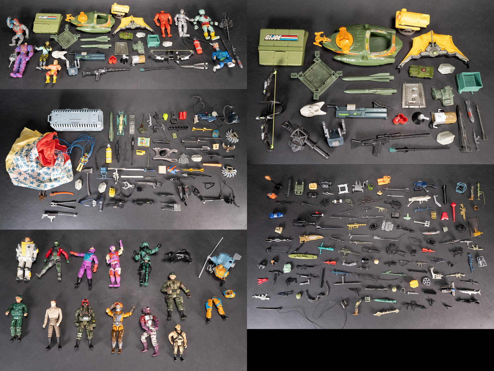 Large Lot of Vintage Action Figures: Large Lot of Vintage Action Figure Figurine Vehicles Weapons and Accessories Gi Joe ThunderCats Heman, Night Viper Chap Me, frag Viper, Military Figures, Including a Multitude of Guns Rockets Missle S
