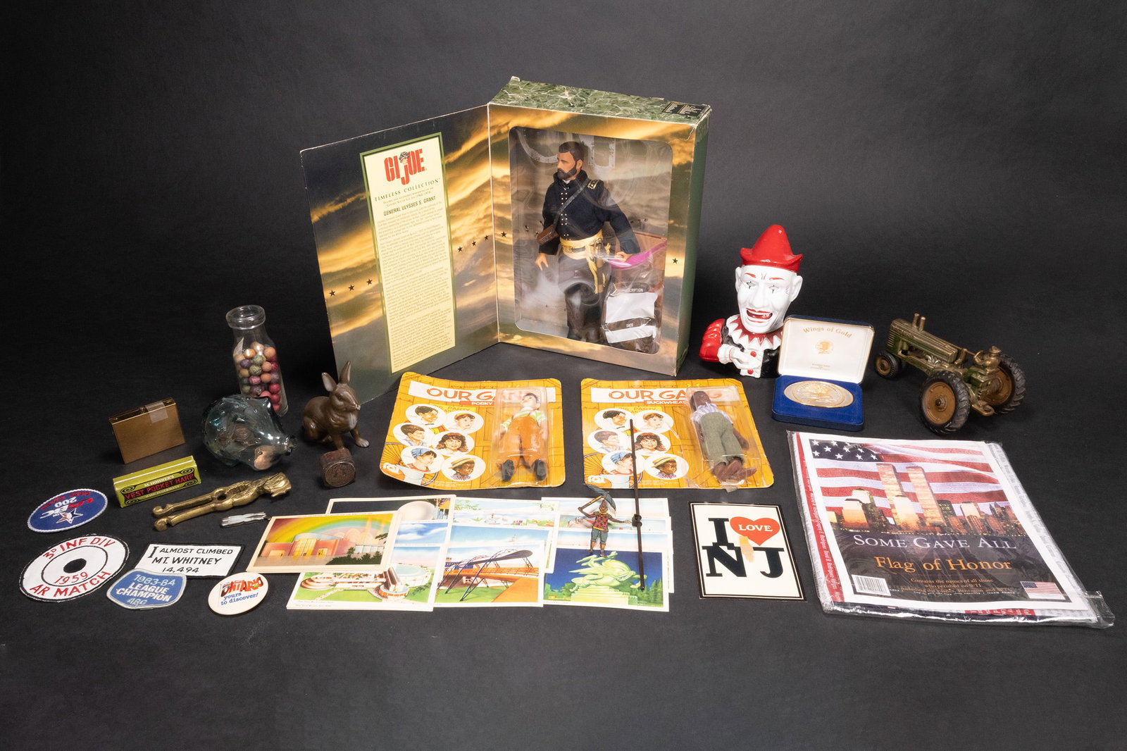 Americana Group Lot Worlds Fair Toy Bank Action Figures etc: Americana Toy And Bank Lot. Gi Joe Civil War Series Ulysses S Grant With 12" Figure Uniform Boots Belt Sword Binoculars Table Flag Open Box Mechanical Clown/Humpty Bank Our Gang Buckwheat and Porky 8"