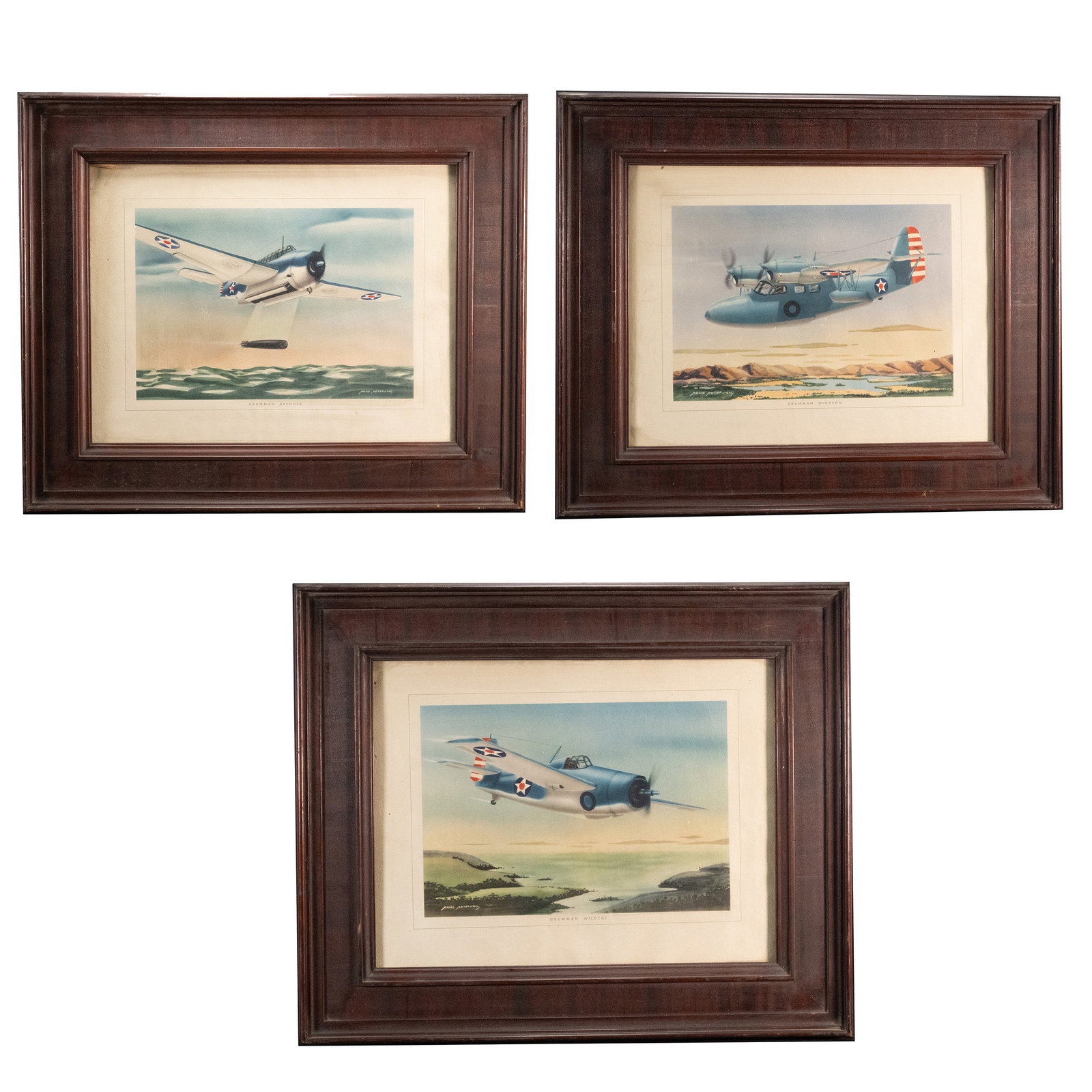Framed Grumman Wall Art Lot by Arne Peterson: Framed Grumman's Lithographs By Arne Peterson #1 Grumman Widgeon Signed Arne Peterson Lithograph on Paper 10 1/4" x 15 1/2" Framed Size 24" x 20" x 1 1/2 #2 Grumman Avenger Signed Arne Peterson Lithog