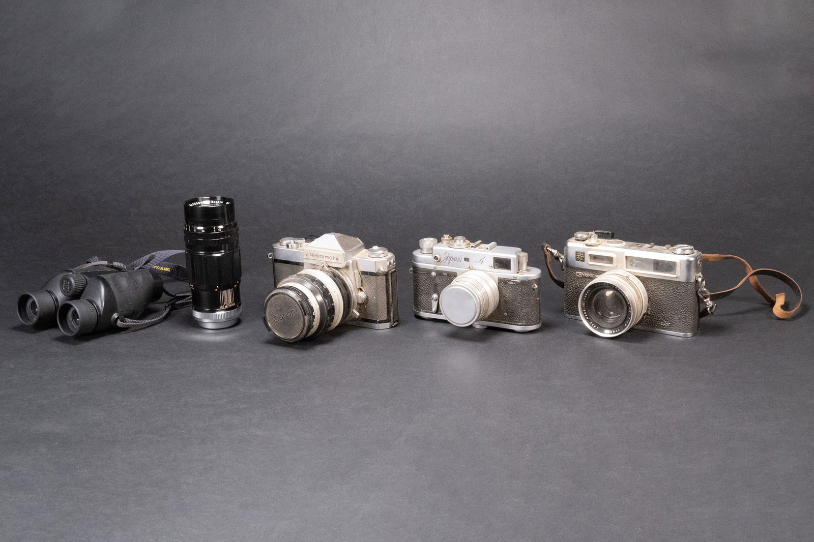 Classic 35mm Camera Lens & Binoculars Group Lot Zorki Yashica Nikon etc: Classic 35mm Camera Zorki Yashica Nikon Zorki-4 with Jupiter Lens F/2 50mm Shutter Tested and Responsive Yashica Electro 35 with 45mm Lens Shutter Tested And Responsive Nikon Nikkormat W/f5:8 Lens Shu