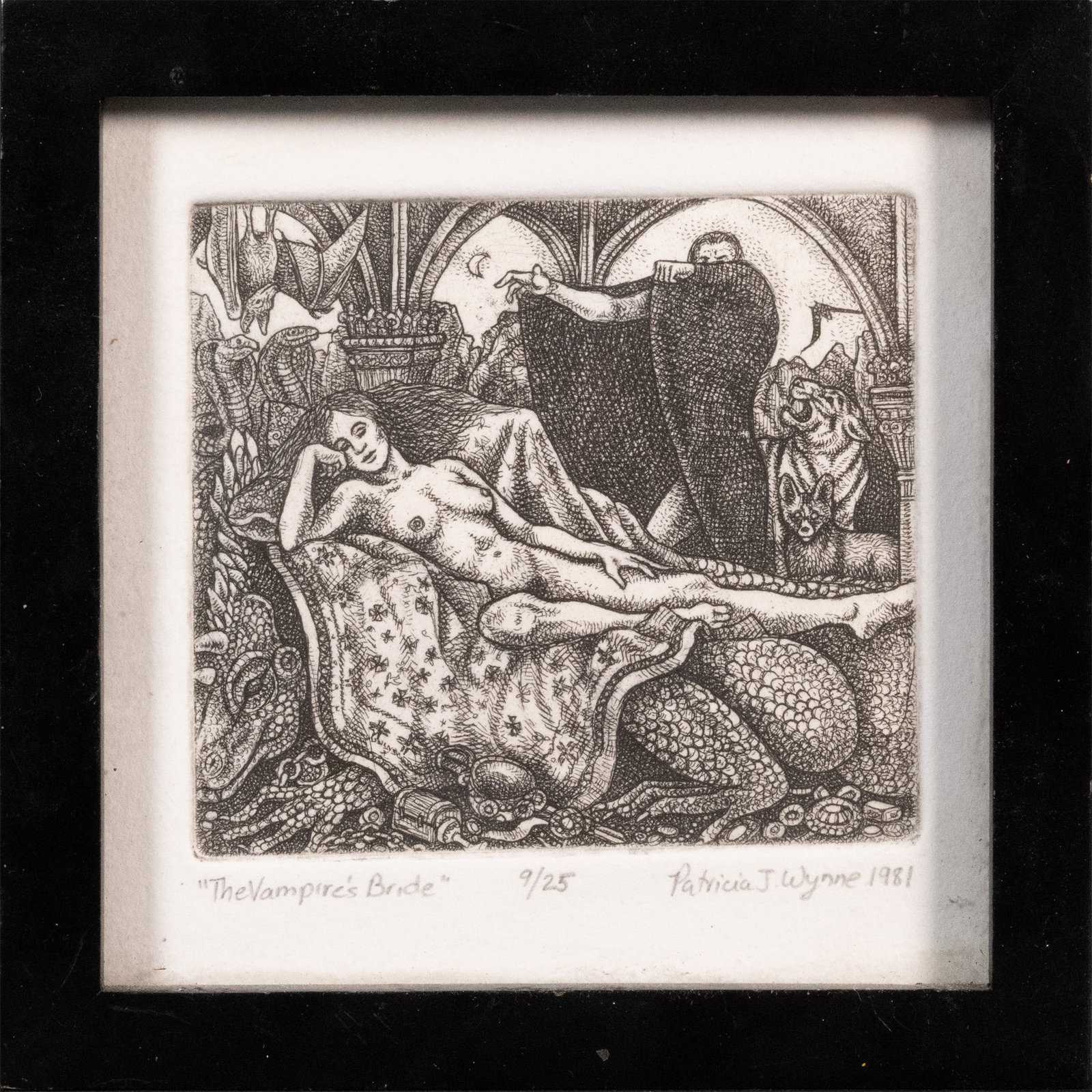 The Vampire's Bride" Patricia J. Wynne Etching: The Vampire's Bride" Patricia J. Wynne Etching Image: 3.5" x 3.75" Framed & Matted 5.75"x5.75" Titled Dated And Signed On Bottom Of Matte In Overall Good Condition Please look at Photos Closely Out of