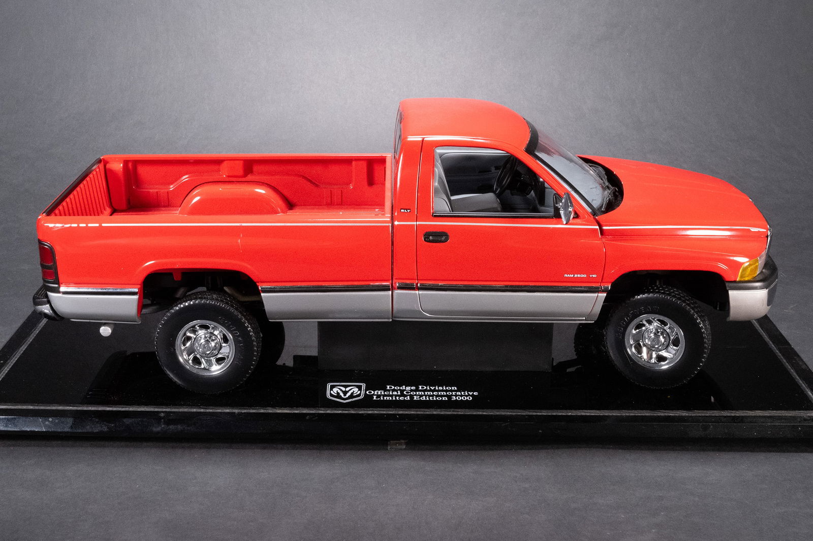 1/12" Scale Dodge Ram Pickup Truck Dodge Division Official Commemorative Dealer Model: 1/12" Scale Dodge Ram Pickup Truck. Dodge Division Official Commemorative Dealer Model Limited Edition of 3,000 The Colors of Truck Are Red and Silver Ram 2500 With a V-10 Stamped on Bottom Brookfield