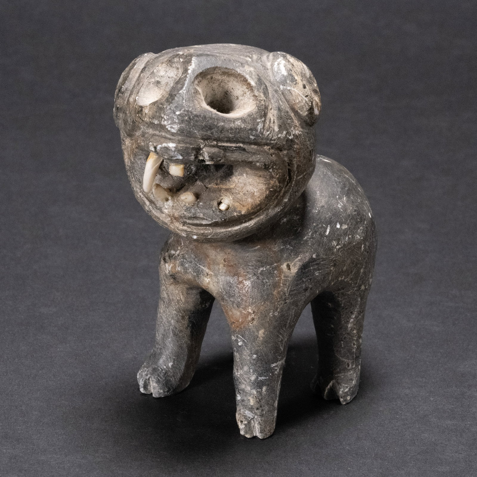 Ancient Pre Columbian Carved Marble Cat Dog Sculpture: Ancient Pre Columbian Carved Marble Cat Dog Animal Sculpture Approx 4 1/2"H x 4"L x 2" W Due to Age Sculpture Is Missing 4 Teeth And they Can be Reapired along with Broken Tail Aztec Peruvian African 
