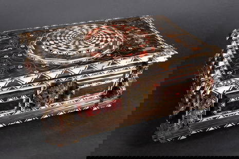 17th Century Tortoise Shell and Bone Marquetry Inlaid Chest: 17th/ 18th Century Tortoise Shell Bone Marquetry Inlaid Mother of Pearl Chest Box Possibly Continental European Dutch German English Italian or French Gilt Bronze Figural Design Mounts Standing on Fou