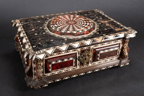 17th Century Tortoise Shell and Bone Marquetry Inlaid Chest: 17th/ 18th Century Tortoise Shell Bone Marquetry Inlaid Mother of Pearl Chest Box Possibly Continental European Dutch German English Italian or French Gilt Bronze Figural Design Mounts Standing on