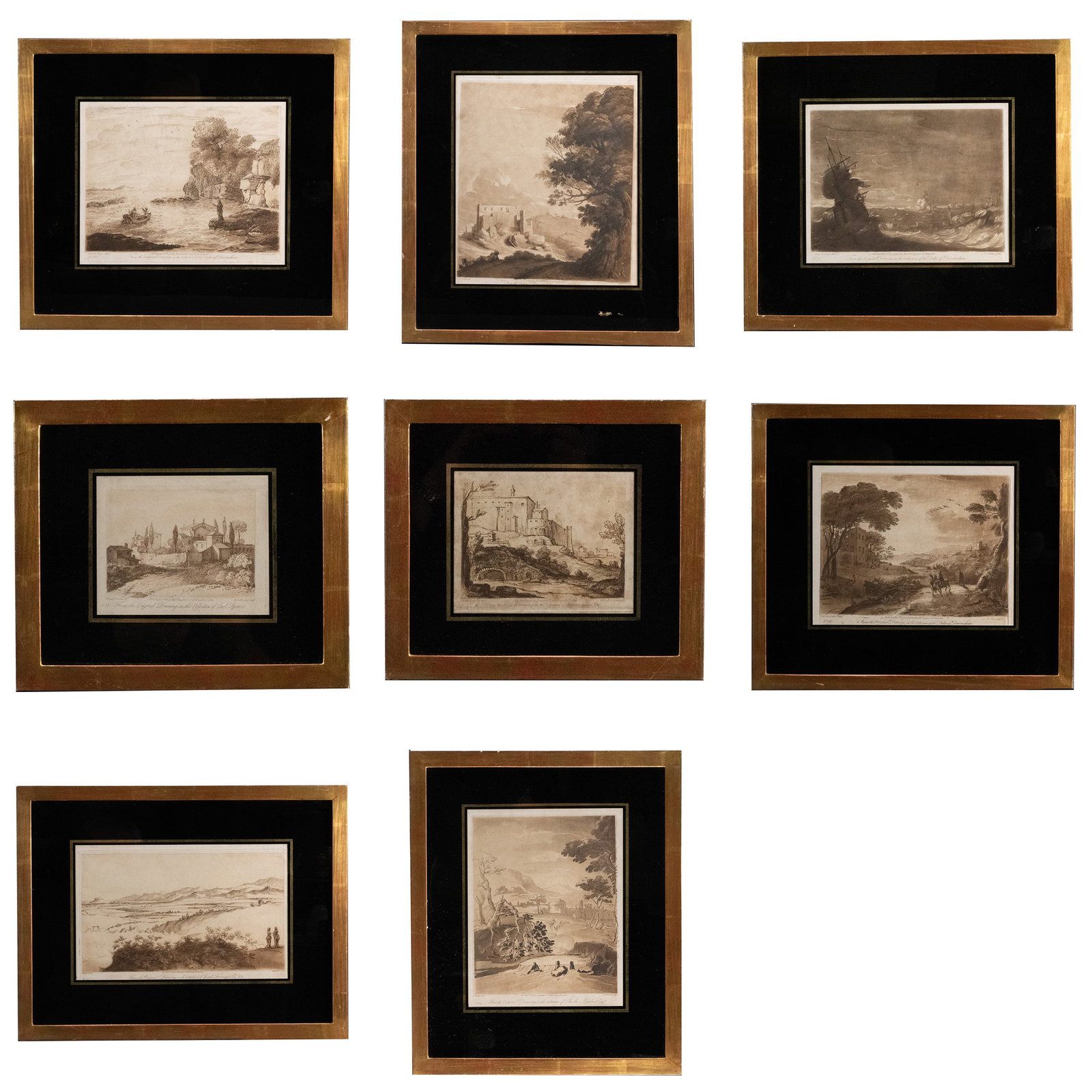 Claude Lorrain (French 1604–1682) Lot of 8: Claude Lorrain ( France 1604 – 1682 ) Collection Lot of Eight Gold Gilt Framed Etching or Engravings ( Born Claude Gellee called Le Lorrain in French and Traditionally just Claude in English ) ( Fre