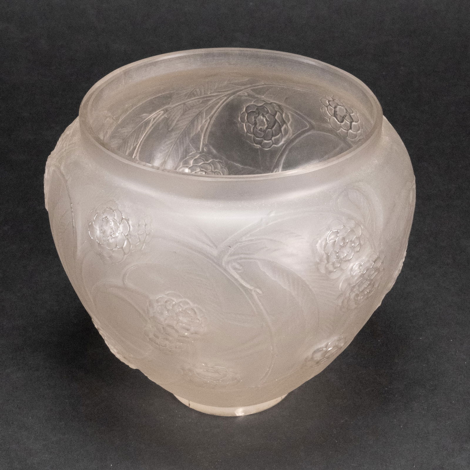 René Lalique French "Néfliers" Vase 1923: René Lalique ( France, 1860 - 1945 ) Néfliers Art Glass Crystal Vase 1923 Frosted Medlar Pattern Model 940 Etched Signature Underside R Lalique 6" H 6.5" D light chip/nick at the bottom of the base