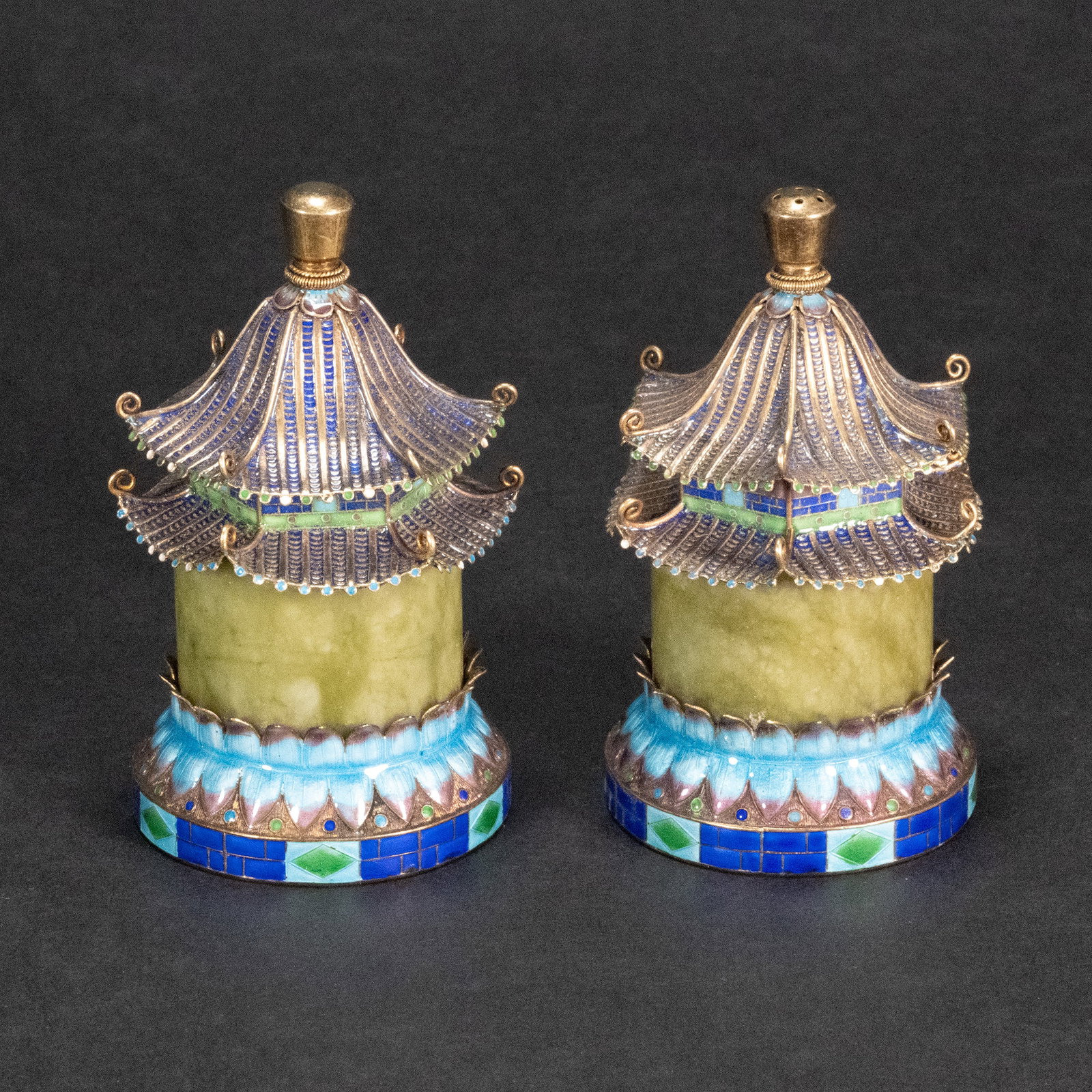 Chinese Export Pair Silver Nephrite Salt Pepper Shaker & Cellar (1 of 9)